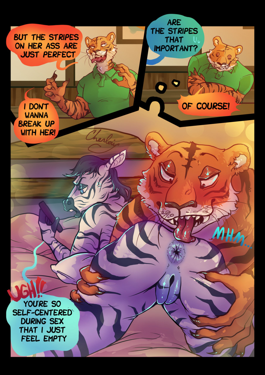 bill (beastars), beastars, 2020, comic, digital media (artwork), english text, hi res, speech bubble, text, anal, anthro, anus, ass, bed, bedding, bengal tiger, black hair, black stripes, bored, cellphone, cherloin, closed eyes, clothed, clothing, crossed arms, daydream, dialogue, duo, ellen (beastars), equid, equine, felid, female, fur, furniture, genitals, green clothing, green polo, green shirt, green topwear, hair, hand on butt, holding object, holding phone, ignored, kink, licking, looking at viewer, lying, male, male/female, mammal, nude, off screen character, on bed, on front, on phone, open mouth, oral, orange body, orange fur, pantherine, phone, pillow, polo shirt, predator/prey, pussy, questioning, rimming, sex, shirt, smartphone, smile, smirk, striped body, striped fur, stripes, teeth, tiger, tongue, tongue out, topwear, unimpressed, white body, white fur, zebra, 