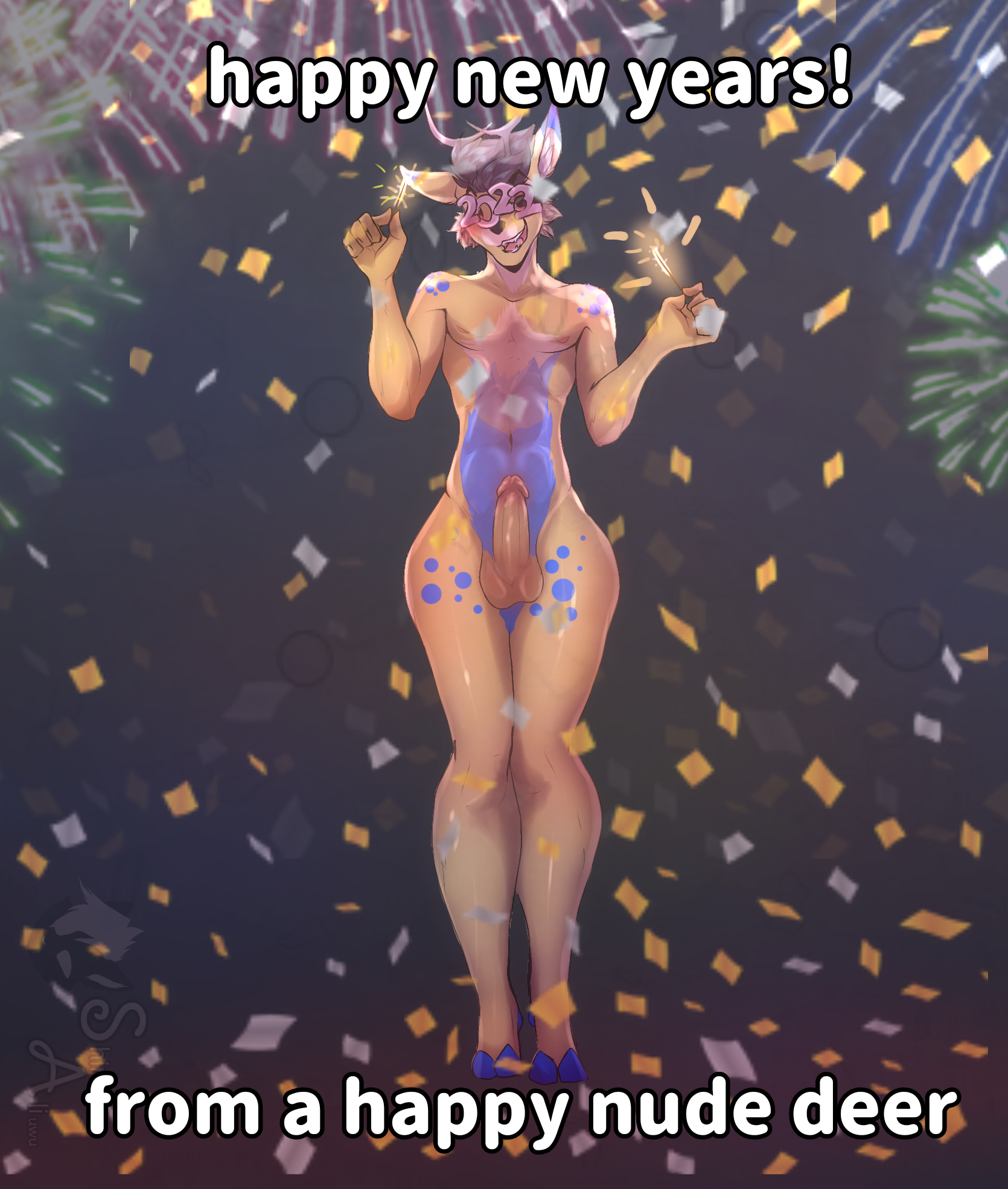 unknown artist, holidays, new year, hi res, invalid tag, text, anthro, antlers, balls, blond fur, blue body, blue fur, blush, cameran nicephore, cervid, confetti, eyewear, fireworks, fur, genitals, glasses, hands, hooves, horn, humanoid genitalia, male, mammal, penis, solo, sparklers, spots, teeth, tongue, 