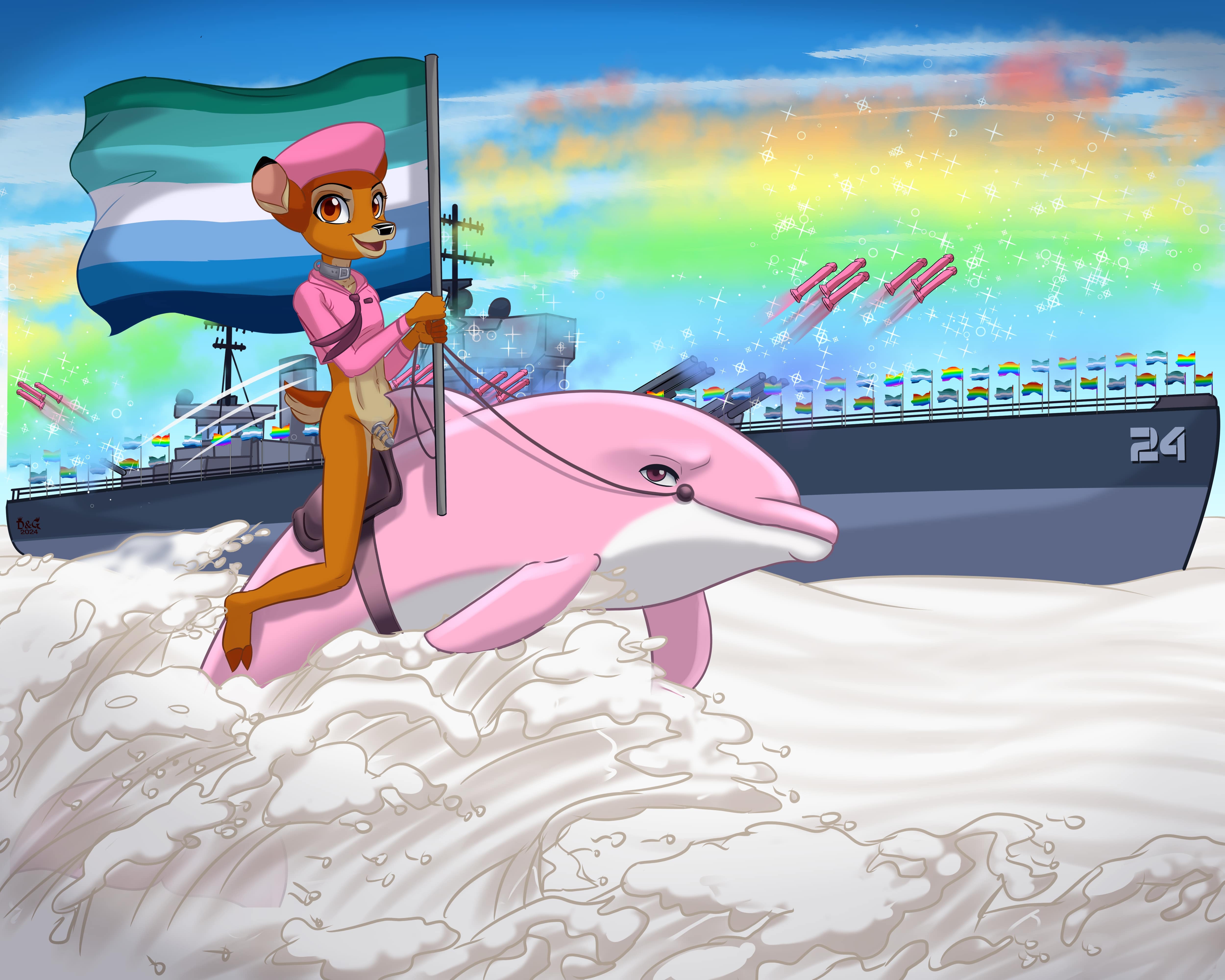 dgemporium, bambi, bambi (film), disney, adolescent, anthro, cetacean, chastity cage, chastity device, clothing, deer, dildo, dolphin, lgbt pride, male, mammal, marine, military, military uniform, navy, navy uniform, phallic chastity device, pride color flag, pride colors, rainbow pride colors, reins, saddle, sex toy, ship, stated sexuality, super gay, toothed whale, uniform, vehicle, vincian pride colors, watercraft, young, 