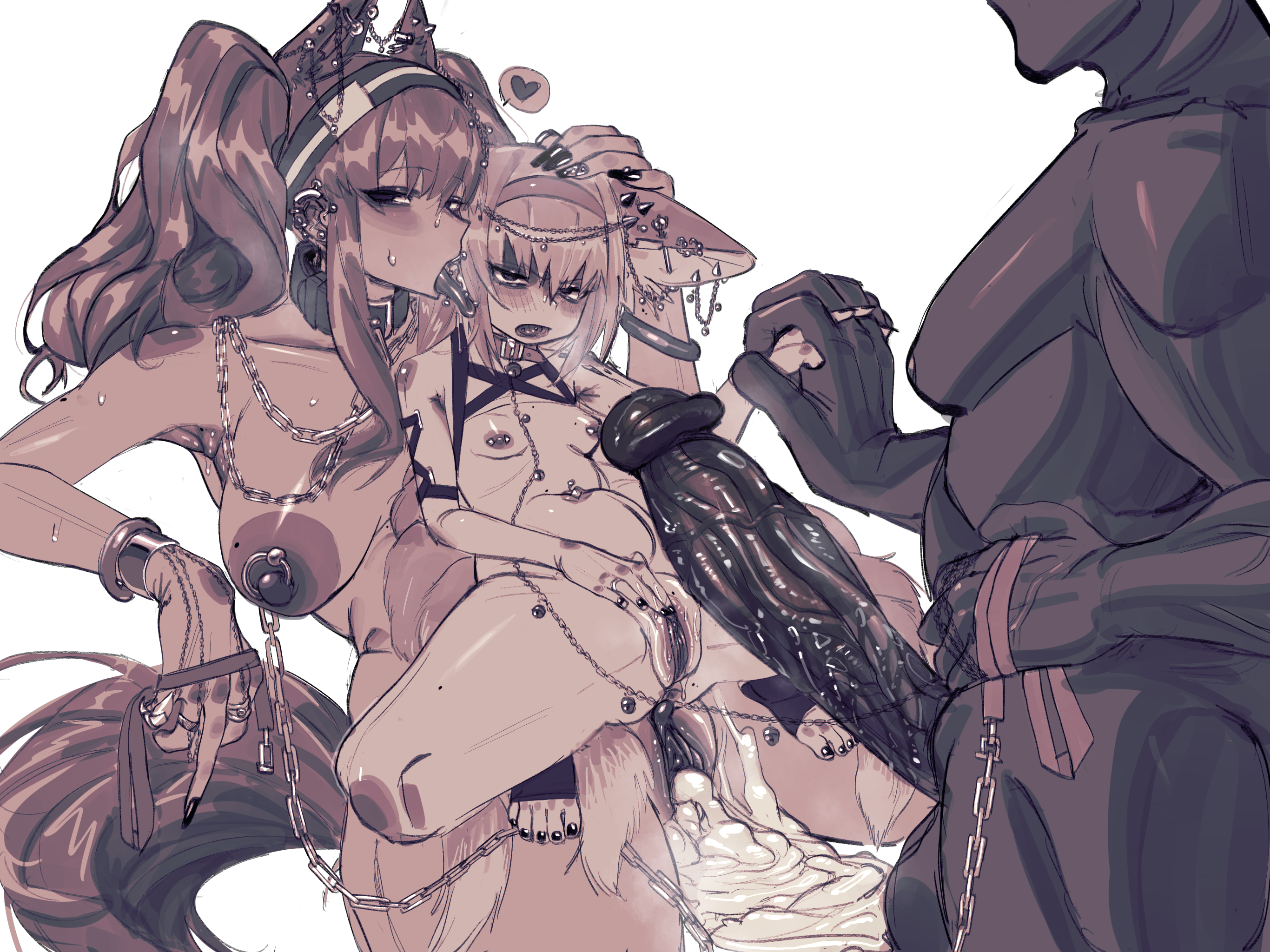 2d 2girls absurdly_large_cock angelina_(arknights) animal_ears arknights bimbo bimbofication cock dick female fox_ears fox_girl holding_hands leash_and_collar male nipple_piercing nipples penis piercing piercings suzuran_(arknights) victim_alice