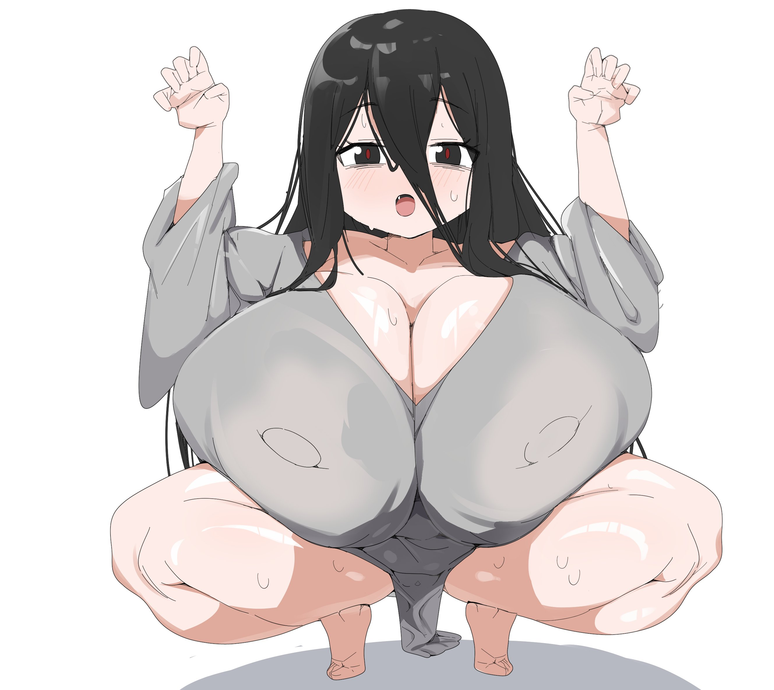 1girls barefoot big_breasts black_hair blush breasts citizen_k dwarf dwarf_female female female_only full_body huge_breasts nipples nipples_visible_through_clothing pussy pussy_visible_through_clothes shortstack small_female solo solo_female squatting tight_clothing wet_clothes