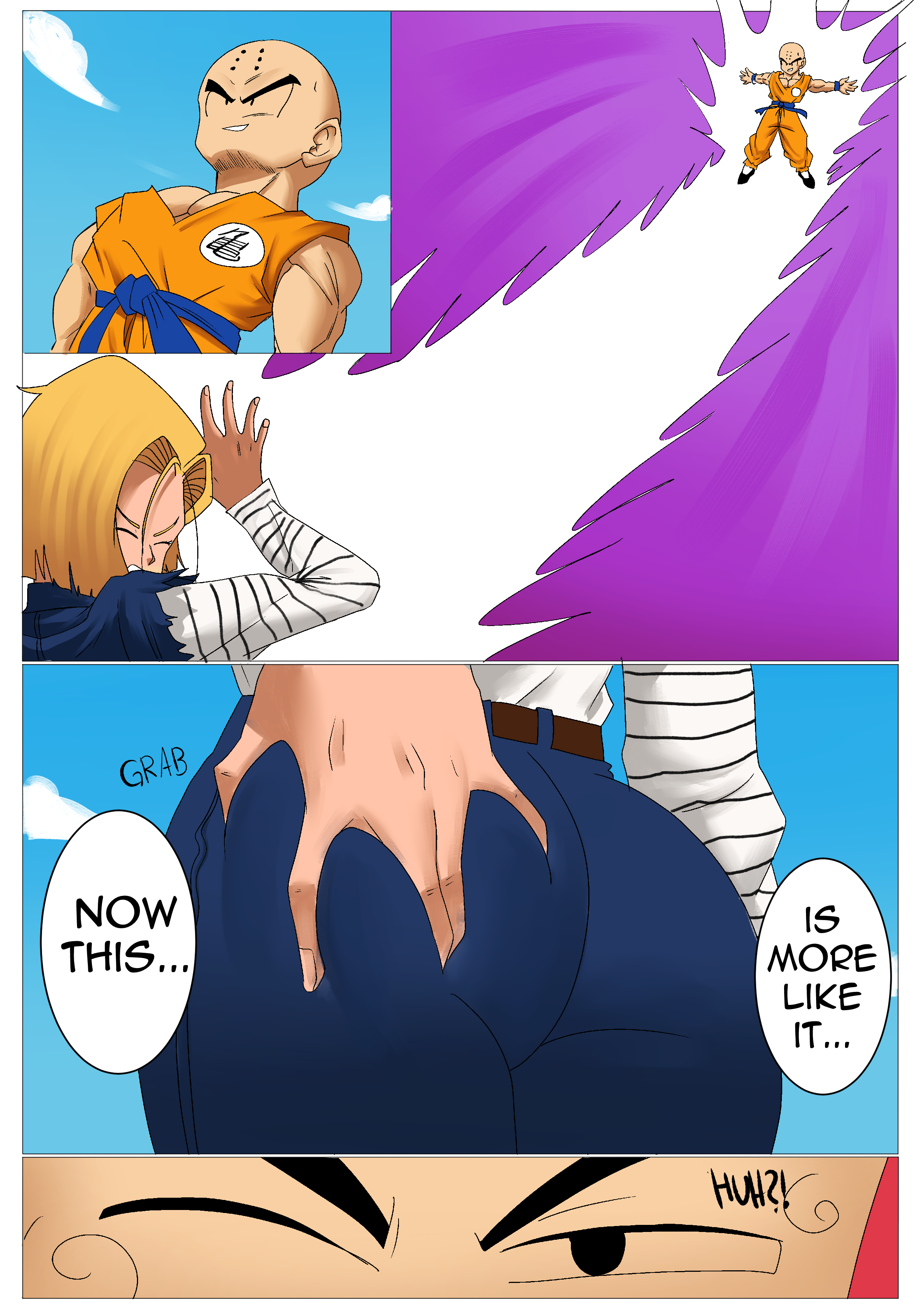 android_18 body_swap captain_ginyu comic dragon_ball dragon_ball_z echosaber female fully_clothed grabbing_own_ass kamehameha krillin kuririn simple_background text