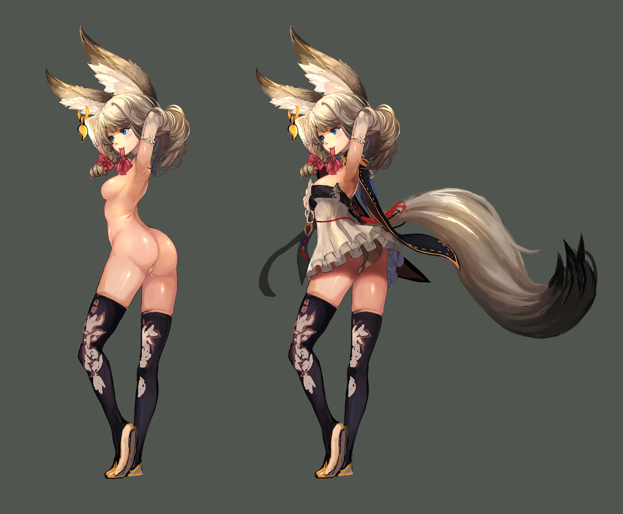 qbspdl, lyn (blade and soul), blade and soul, grey background, highres, sim...