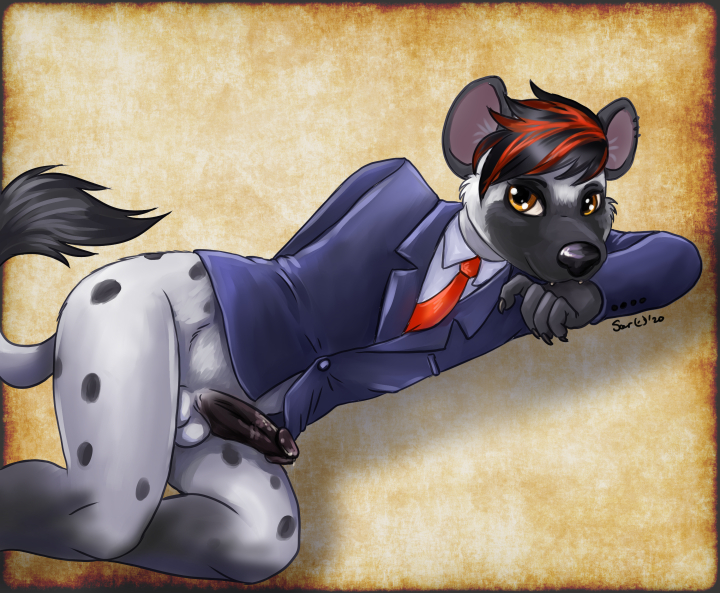 caribou (artist), 2020, digital media (artwork), 5 fingers, anthro, balls, black hair, brown eyes, fingers, genitals, hair, humanoid genitalia, humanoid penis, hyaenid, male, male only, mammal, penis, red hair, solo, spotted hyena, 