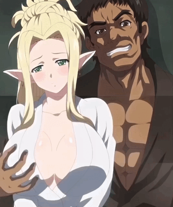 celestine lucross, vault (kuroinu), kuroinu ~kedakaki seijo wa hakudaku ni somaru~, animated, edited, stitched, third-party edit, approximated aspect ratio, bathrobe, blonde hair, breasts, conquered, dark-skinned male, difficult edit, divine slut, elf, elf female, goddess, green eyes, groping, groping breast, hair bun, huge breasts, larger male, light-skinned female, resigned to fate, shit eating grin, sitting on lap, sitting on throne, spoils of victory, 