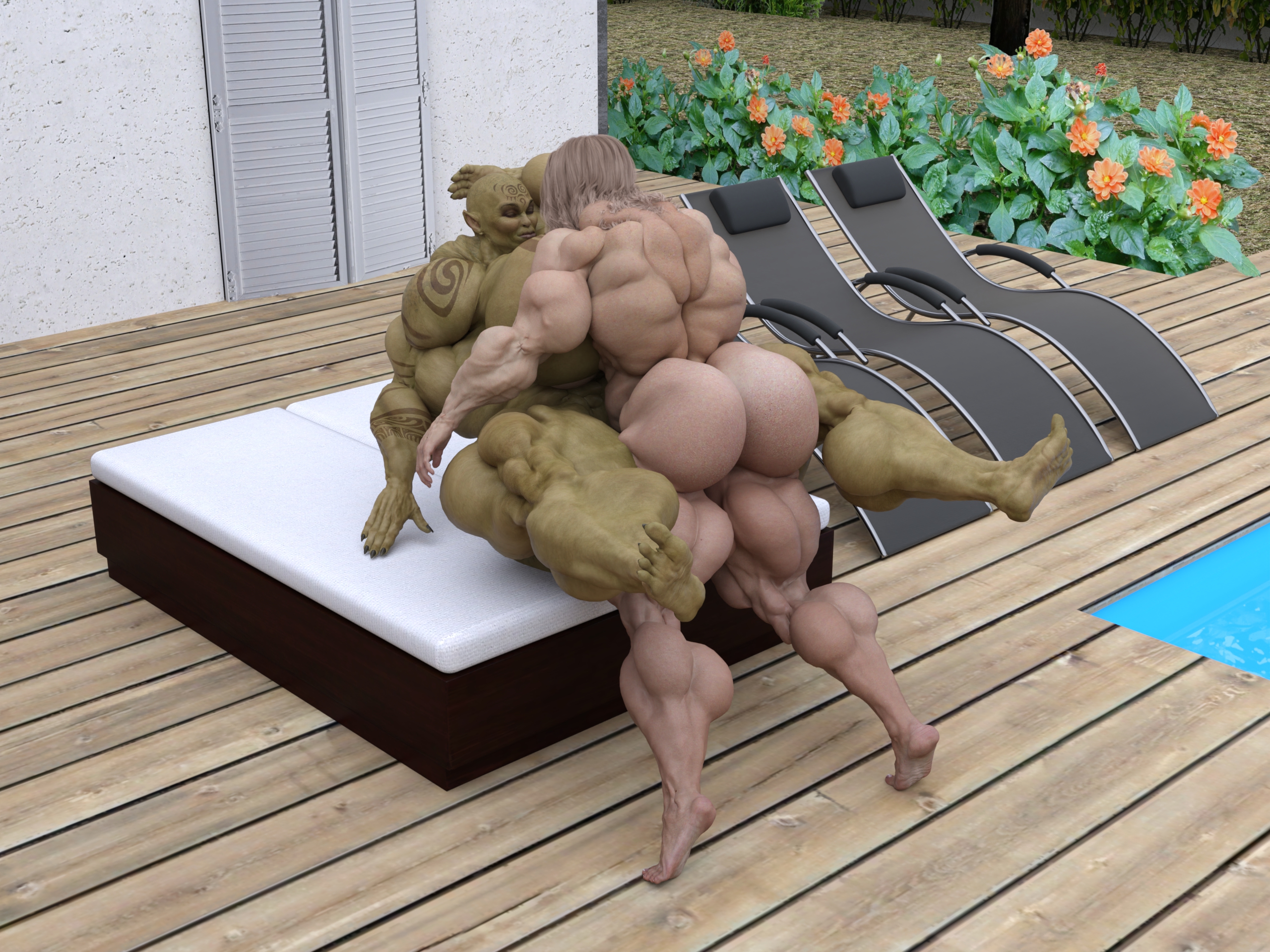 3d, daz studio, 1futa, big ass, big breasts, big butt, completely nude, dark-skinned futanari, dzcelestial3d, exhibitionism, female, flexing, foreskin, futa giantess, futa on female, futanari, giantess, human, hyper, hyper lips, hyper muscles, hyper penis, interspecies, larger female, lips, mini giantess, mirror, missionary, missionary position, muscular, muscular female, nude, nude futanari, orc, orc female, outside, poolside, tattoos, 