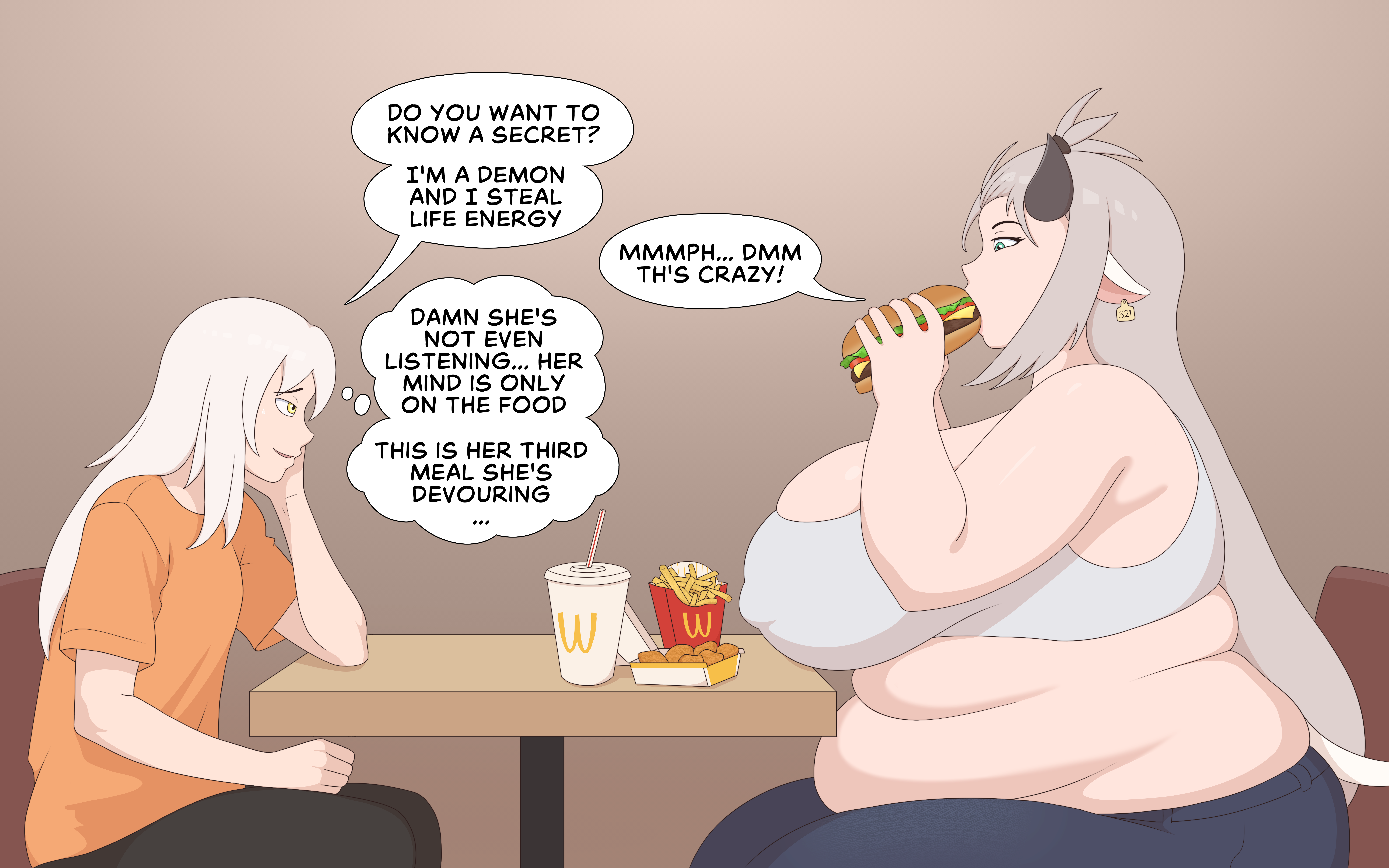 bangs, belly expansion, belly overhang, big ass, big belly, big breasts, big butt, catfishing, chips, chips (food), cow ears, cow girl, cow horns, cow tail, date, dating, demon, demon horns, eating, eating food, fat, fatfishing, femboy, fries, grey hair, hamburger, horns, huge ass, huge belly, huge breasts, huge thighs, indoors, inflation, large ass, larger female, lipstick, long hair, mcdonald's, nugget, obese, obese female, orange shirt, overweight, overweight female, plump, price tag, public, public exposure, public humiliation, public indecency, restaurant, sitting, smaller male, stuffing, table, thighs, thighs bigger than head, thight shirt, transformation, vanilireph, very long hair, weight gain, white hair, 