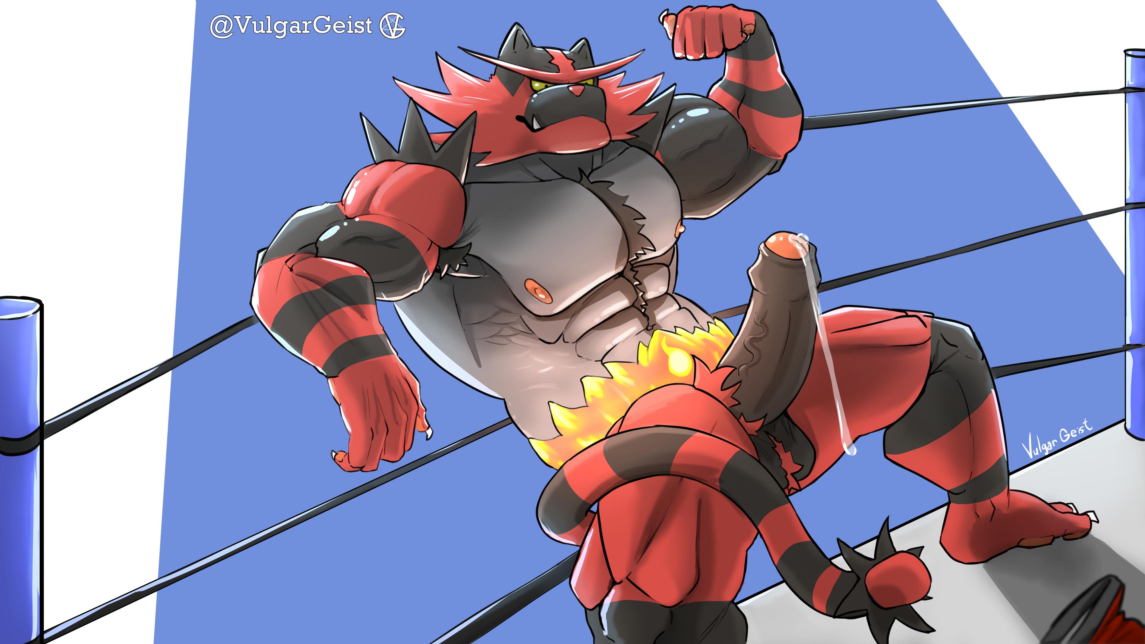 16:9 4k abs absurd_res anthro areola armpit_hair bara biceps bodily_fluids body_hair erection fighting_ring fur generation_7_pokemon genital_fluids genitals hi_res incineroar male muscles nintendo nipples pecs penis pokemon pokemon_(species) precum solo vein veiny_muscles veiny_penis vulgargeist widescreen wrestler yaoi