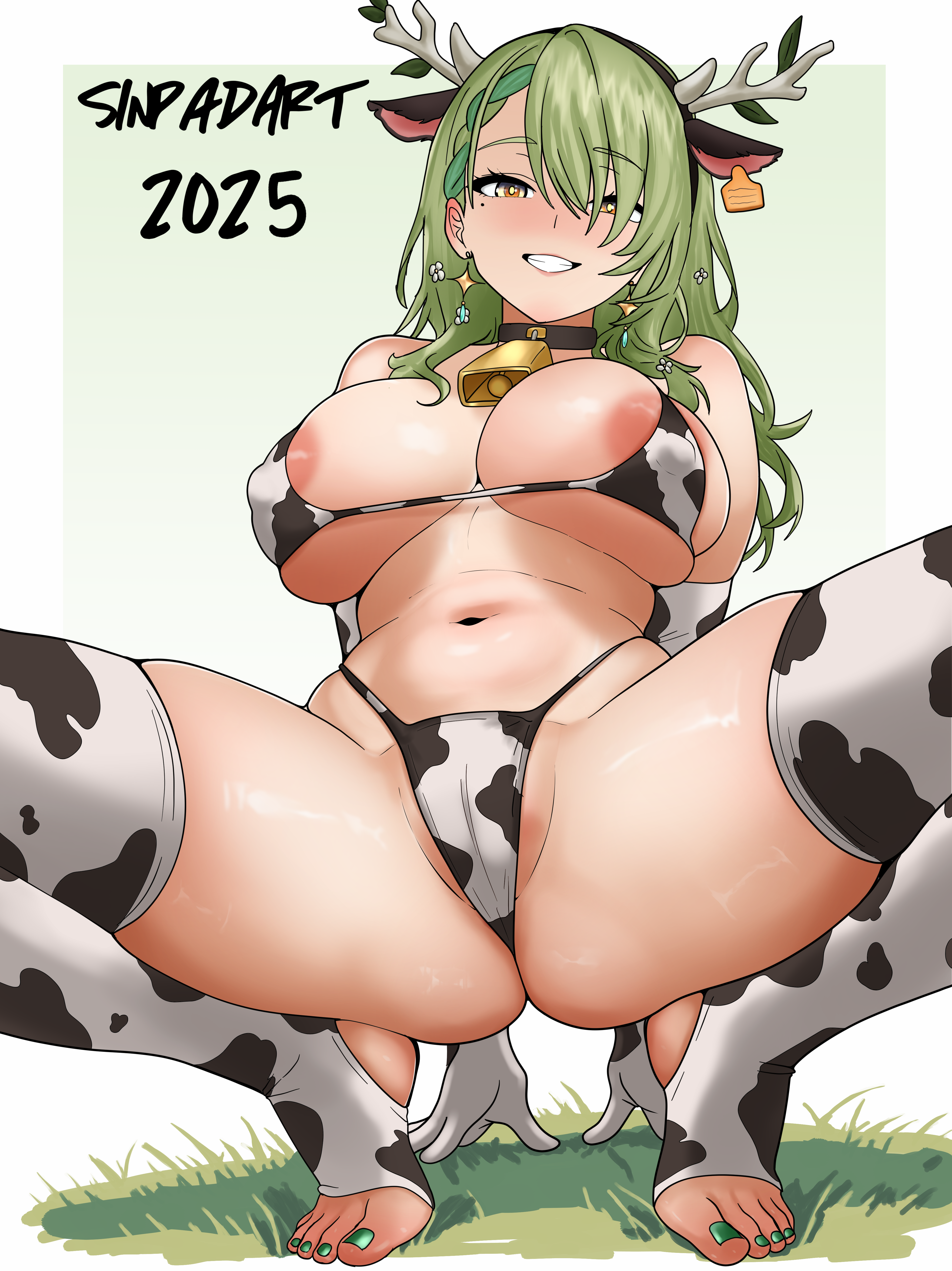 1girls 2025 bell bell_collar bikini braid branch branch_horns ceres_fauna collar cow_ears cow_girl cow_horns cow_print cow_print_armwear cow_print_bikini cow_print_thighhighs cowbell earrings elbow_gloves female flower gloves green_hair green_nails hair_flower hololive hololive_english hololive_english_-council- hololive_english_-promise- horns legwear light-skinned_female light_skin long_hair mole mole_under_eye nail_polish nipple_bulge qilin sinpadart solo solo_female spread_legs squatting stockings thighhighs virtual_youtuber yellow_eyes