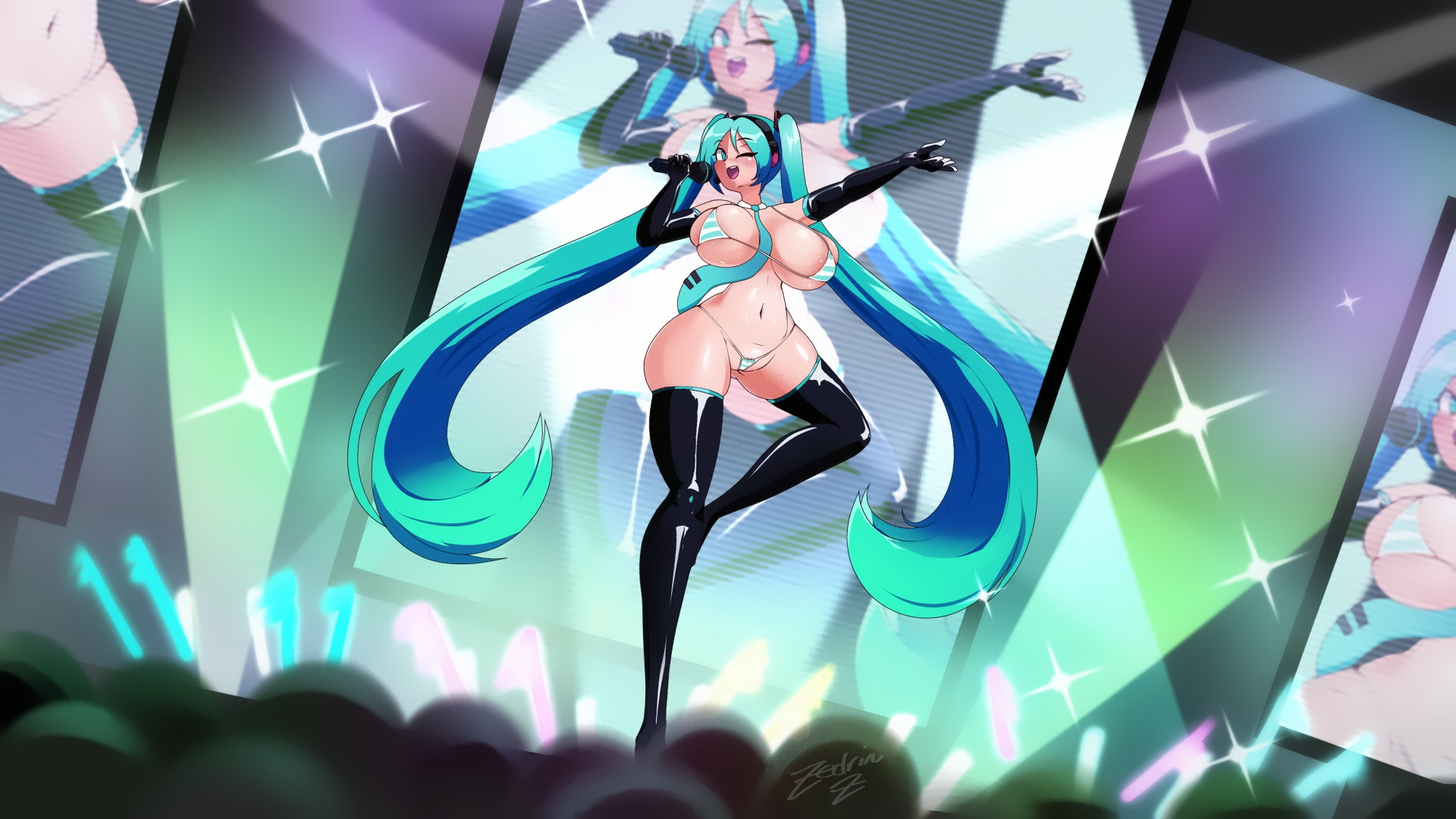 1girls aqua_eyes aqua_hair audience bikini boots breasts concert dancing elbow_gloves female fingerless_gloves gloves glowstick hatsune_miku huge_breasts joints long_hair micro_bikini microphone music navel necktie one_eye_closed open_mouth pasties pussy singing skindentation smile solo sparkle stage stage_lights standing_on_one_leg swimsuit thick_thighs thigh_boots thighhighs twintails very_long_hair vocaloid wide_hips zedrin