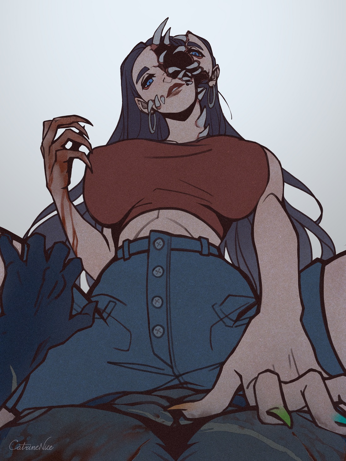 original, artist signature, simple background, white background, 1boy, 1boy1girl, 1girls, big breasts, black hair, blue body, blue eyes, catrinenice, cowgirl position, earrings, female, femdom, huge breasts, jeans, light-skinned female, light skin, lips, lipstick, long hair, looking at viewer, looking down, male, male/female, monster, monster boy, monster girl, nail polish, pov, pov eye contact, pov male, puffy nipples, red lipstick, sitting on person, very long hair, 