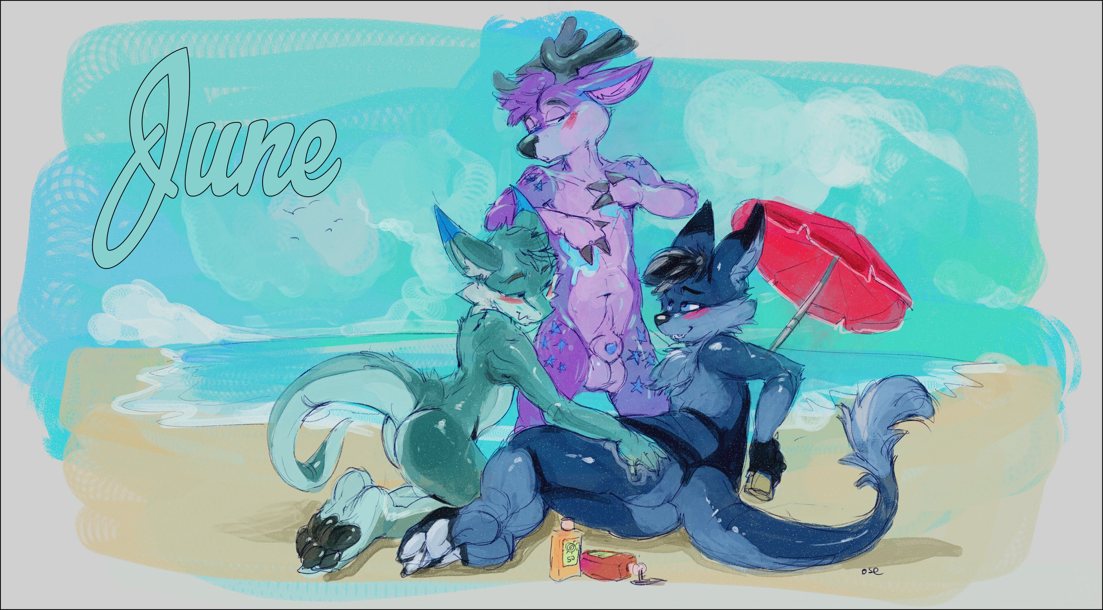 oselotti, absurd res, hi res, anthro, ass, balls, beach, biped, black body, black ears, black fur, black hair, black tail, blue body, blue ears, blue eyes, blue fur, blue penis, blue tail tuft, blush, dipstick ears, front view, fur, genitals, grey body, grey ears, grey fur, grey hair, grey tail, group, hair, inner ear fluff, kneeling, looking up, lying, male, multicolored ears, navel, nude, on side, outside, penis, penis tip, pink inner ear fluff, purple balls, purple body, purple ears, purple fur, purple hair, seaside, side view, signature, smile, tail tuft, trio, tuft, 