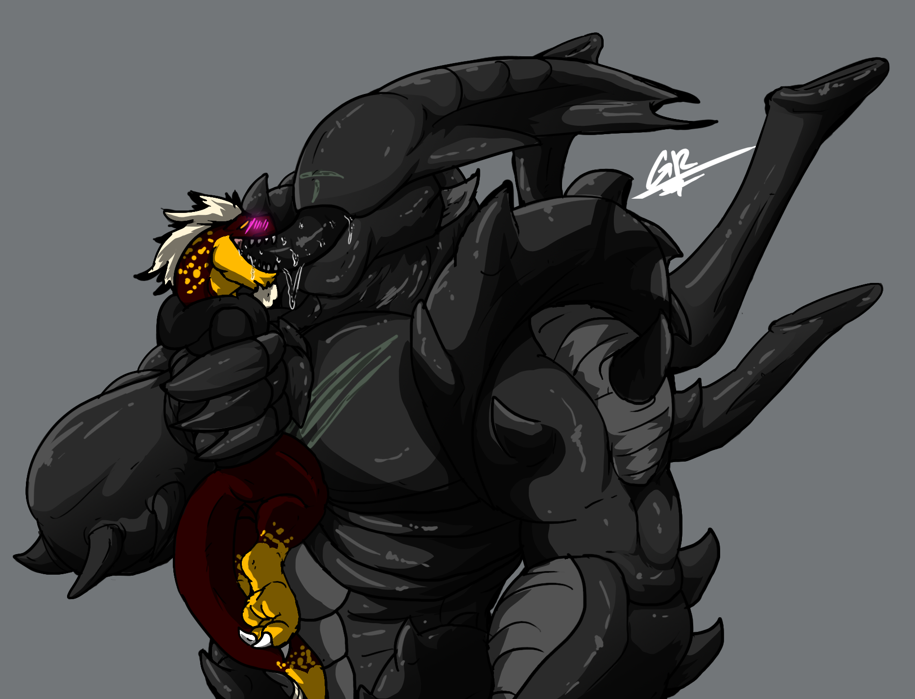 grilder123, xenomorph, alien (franchise), grey background, hi res, simple background, alien, anthro, big muscles, black body, black skin, black tongue, blush, bodily fluids, deep throat, dinosaur, dromaeosaurid, duo, extreme french kiss, french kissing, hair, holding another, humanoid, kissing, male, male/male, muscular, muscular humanoid, muscular male, oral, red body, red skin, reptile, saliva, scalie, size difference, spikes, spikes (anatomy), theropod, tongue, tongue penetration, white hair, 