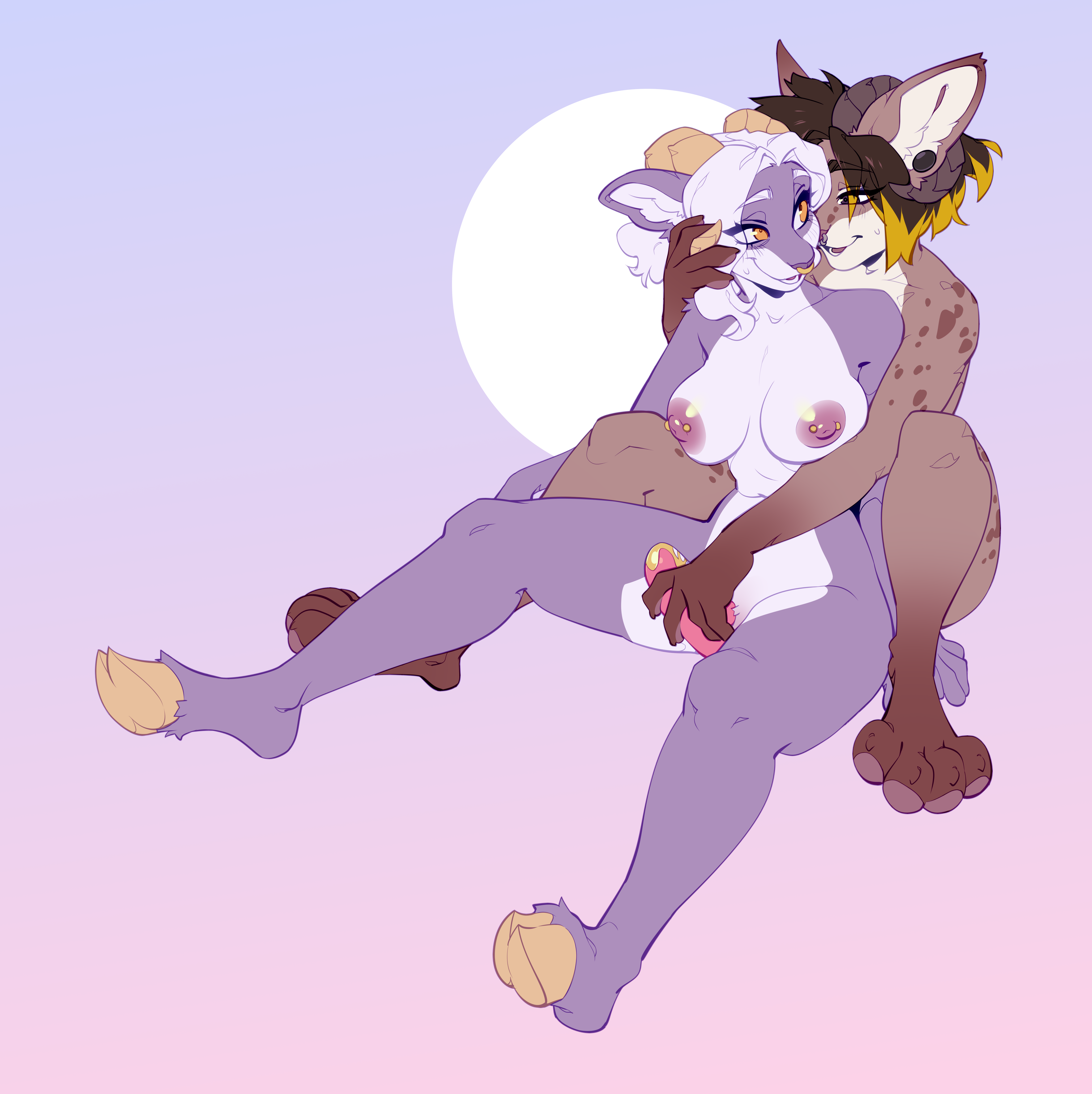 takiminada, absurd res, hi res, simple background, anthro, areola, big ears, biped, blonde hair, bodily fluids, bovid, breasts, caprine, cuddling, duo, ear piercing, exposed breasts, facial piercing, felid, feline, felis, female, female/female, goat, hair, highlights (coloring), hooves, horn, horn grab, hybrid, kaia (mylirith), lynx, mammal, masturbation, morgan (horncatte), mutual masturbation, nipple piercing, nipples, nose piercing, nose ring, nude, paws, piercing, septum piercing, sex toy, spots, sweat, vibrator, white hair, 
