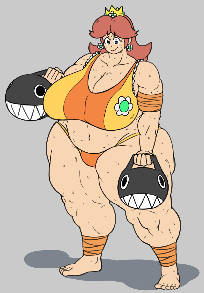 overlordzeon, zeon (pixiv722928), chain chomp, princess daisy, mario (series), nintendo, super mario bros., 2019, 1girls, breasts, brown hair, cleavage, crown, curvaceous, curvy, earrings, exercise, female, female focus, huge breasts, huge thighs, musclegut, muscular, muscular female, muscular thighs, short hair, solo, solo female, solo focus, sweat, sweating, thick thighs, thighs, voluptuous, weightlifting, 
