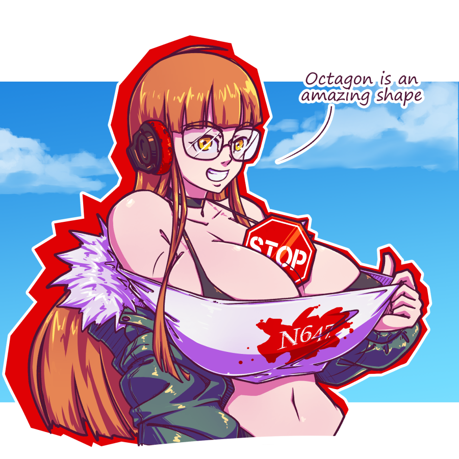 n647, sakura futaba, persona, persona 5, english text, text, big breasts, glasses, looking at viewer, stop sign, talking to viewer, 