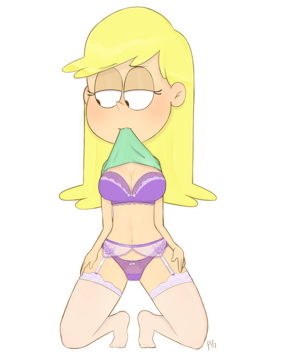 leni loud, the loud house, 1girls, big breasts, blonde hair, blush, bra, breasts, cleavage, clothing, feet, female, female only, garter belt, half-closed eyes, lace, lace trim, lingerie, looking away, panties, presenting, purple bra, purple panties, shirt lift, shirt up, solo, stockings, thigh highs, thighhighs, thighs, underwear, 