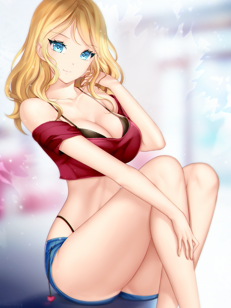 gigamessy, original, 1girls, artist name, ass, bare legs, black bra, blonde hair, blue eyes, bra, breasts, casual, cleavage, collarbone, crop top, denim, denim shorts, eyebrows visible through hair, feet out of frame, female, female only, hand in hair, hand up, heart, highleg, highleg panties, large breasts, legs crossed, long hair, looking at viewer, medium hair, midriff, off-shoulder shirt, off shoulder, panties, red shirt, shirt, short shorts, short sleeves, shorts, sitting, smile, solo, underwear, 