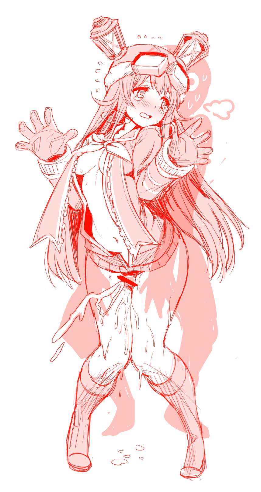 angelo (gomahangetsu), last period, highres, white background, arm up, bangs, blush, boots, breasts, cable, crying, crying with eyes open, full body, gloves, goggles, goggles on headwear, hat, hood, hoodie, iona (last period), knee boots, long hair, long sleeves, medium breasts, naked hoodie, navel, neckerchief, no pants, open clothes, open hoodie, open mouth, panties, standing, tears, thigh sex, underwear, very long hair, 