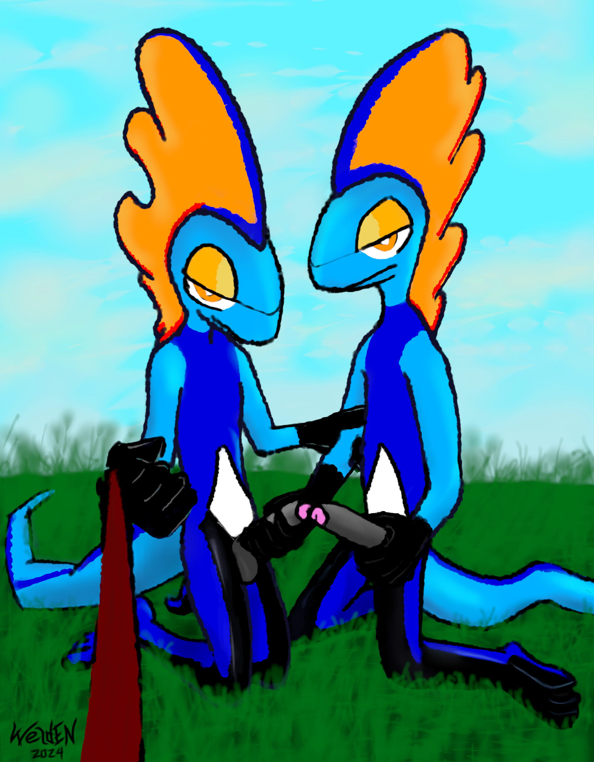 2024 3_toes 5_fingers absurd_res amphibian angry anthro aroused balls beckoning bedroom_eyes black_skin blue_body blue_skin closed_smile cloud cocky collar day diamond_(marking) dominant dominant_anthro dominant_male duo erection extended_arm eyelids facing_each_other feet field foreskin frill_(anatomy) front_view frottage frown frowning_at_viewer frustrated full-length_portrait glistening grabbing grass grass_field grey_penis half-closed_eyes handjob head head_crest head_frill hi_res holding_leash holding_object holding_penis inteleon interspecies intraspecies inviting kneeling larger_male leash lizard male male/male markings masturbation membrane_(anatomy) membranous_frill nintendo nude nude_anthro nude_male on_grass on_ground orgasm penile penile_masturbation penis penis_grab penis_on_penis pokemon pokemon_(species) pokephilia reptile restraints rubbing rubbing_penis scalie sex simple_coloring sitting sitting_on_ground sitting_on_knees sitting_sex sitting_up size_difference sly small_waist smile smiling_at_viewer stare story stripes submissive swordfight tail tips_touching toony toony_eyes uncircumcised welden_(artist)