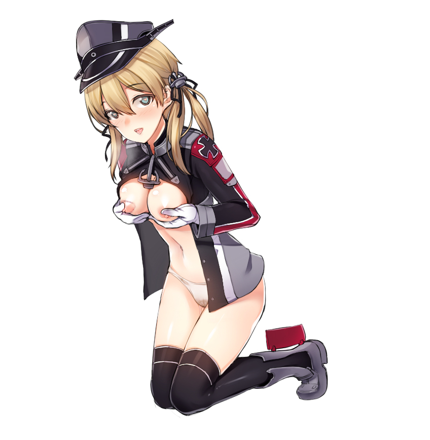 kuro (kuronell), prinz eugen (kantai collection), kantai collection, blonde hair, blue eyes, blush, breast hold, female, gloves, hat, heart, heart-shaped pupils, kneeling, long hair, military, military uniform, nipples, panties, peaked cap, pussy juice, smile, solo, symbol-shaped pupils, thighhighs, underwear, uniform, wet panties, zettai ryouiki, 