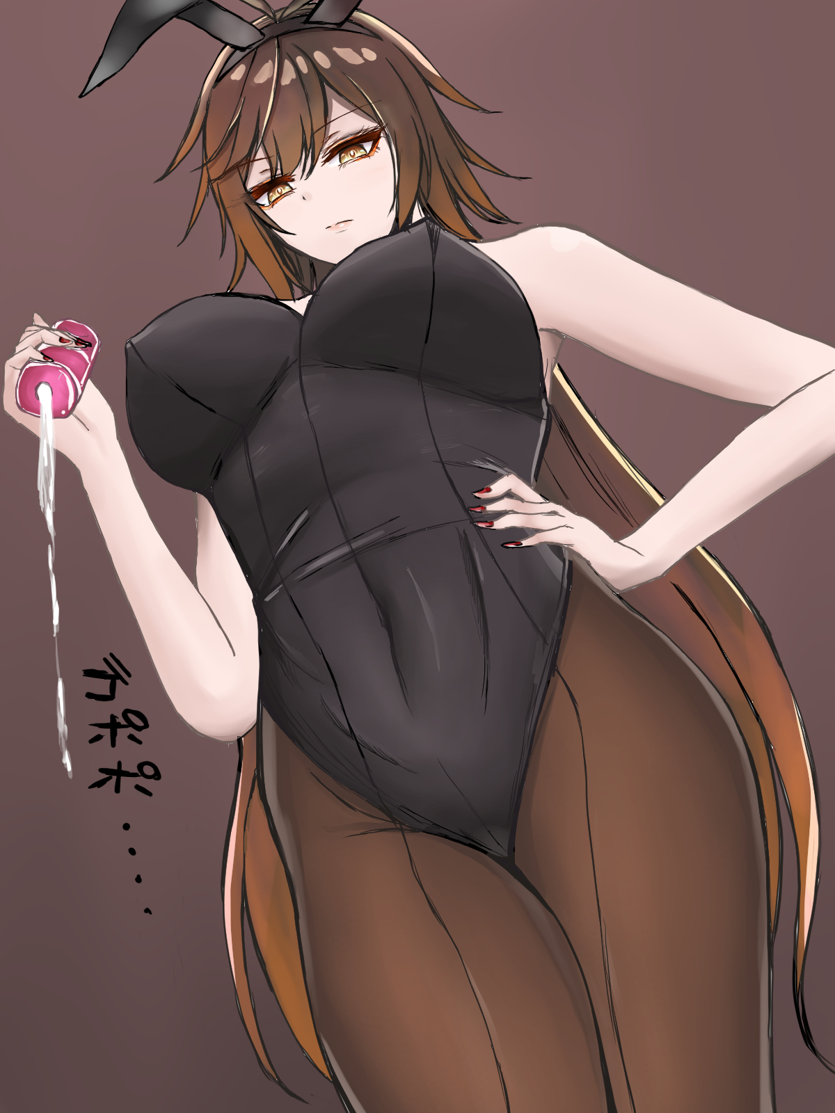 tenga, 3:4, brown background, highres, rule 63, simple background, sound effects, 1girls, 2021, after masturbation, animal ears, artificial vagina, bare arms, bare shoulders, black hair, black hairband, breasts, brown eyes, brown hair, bunny ears, bunny girl, bunnysuit, clothing, covered navel, cum, cum drip, eyebrows visible through hair, fake animal ears, female, female only, femdom, genderswap (mtf), genshin impact, gradient hair, hair between eyes, hairband, hand on hip, holding sex toy, implied masturbation, large breasts, leotard, long hair, looking at viewer, looking down, matching hair/eyes, multicolored hair, nail polish, neri aisu, pale-skinned female, pale skin, pantyhose, pov, red nails, sex toy, solo, standing, strapless, strapless leotard, thick thighs, thighs, two tone hair, very long hair, zhongli (genshin impact), zhongli jiejie, 