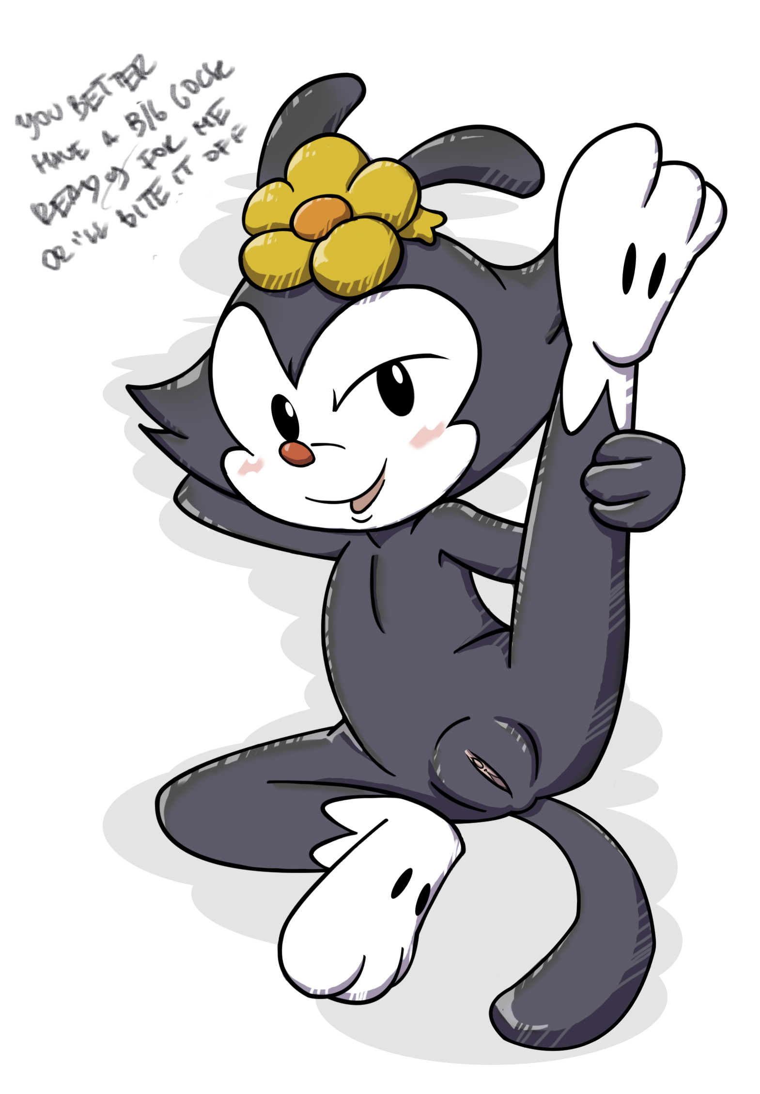 8horns, dot warner, animaniacs, color, tagme, black fur, blush, female, female only, feral, fur, nude, raised leg, solo, vulva, white fur, 