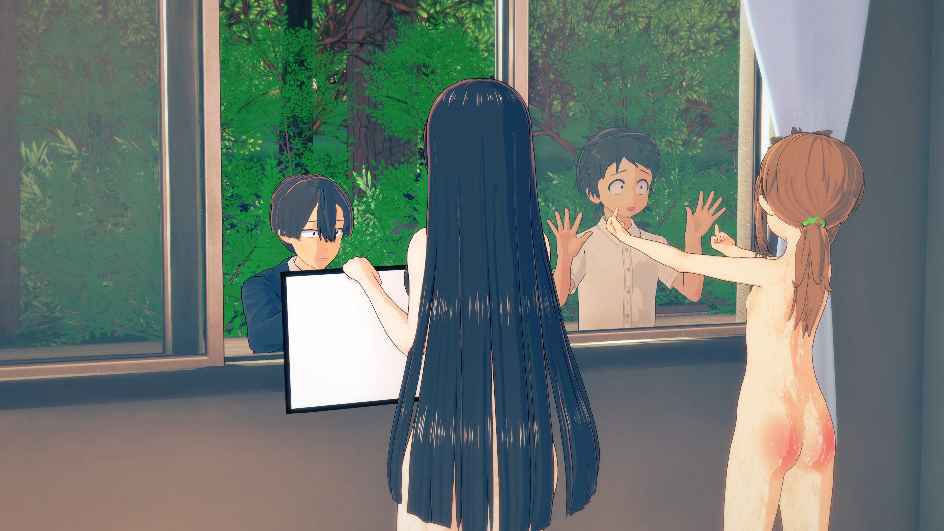 character request, copyright request, simple background, 2boys, 2girls, all fours, areolae, ass, black hair, brown eyes, brown hair, clothed, clothing, cum, cum in pussy, cum inside, flat chest, glasses, misteranswer, nipples, nude, open mouth, public, revealing clothes, short hair, smaller female, smile, spank marks, spanking, 