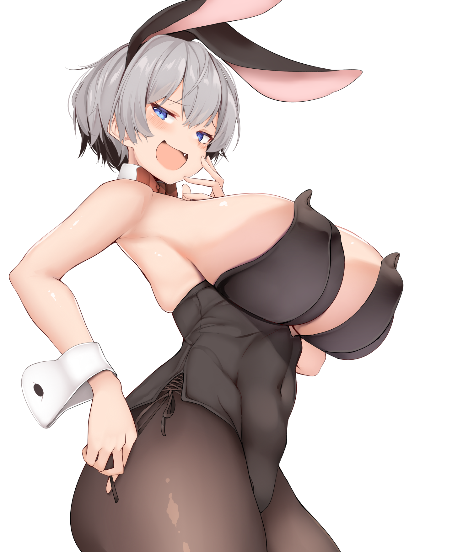 karatakewari, uzaki hana, uzaki-chan wa asobitai!, white background, 1girls, ass, big ass, big breasts, black pantyhose, blue eyes, bunny ears, bunnysuit, female, grey hair, huge breasts, huge thighs, large breasts, pale-skinned female, pale skin, pantyhose, short hair, thick thighs, thighs, wide hips, 