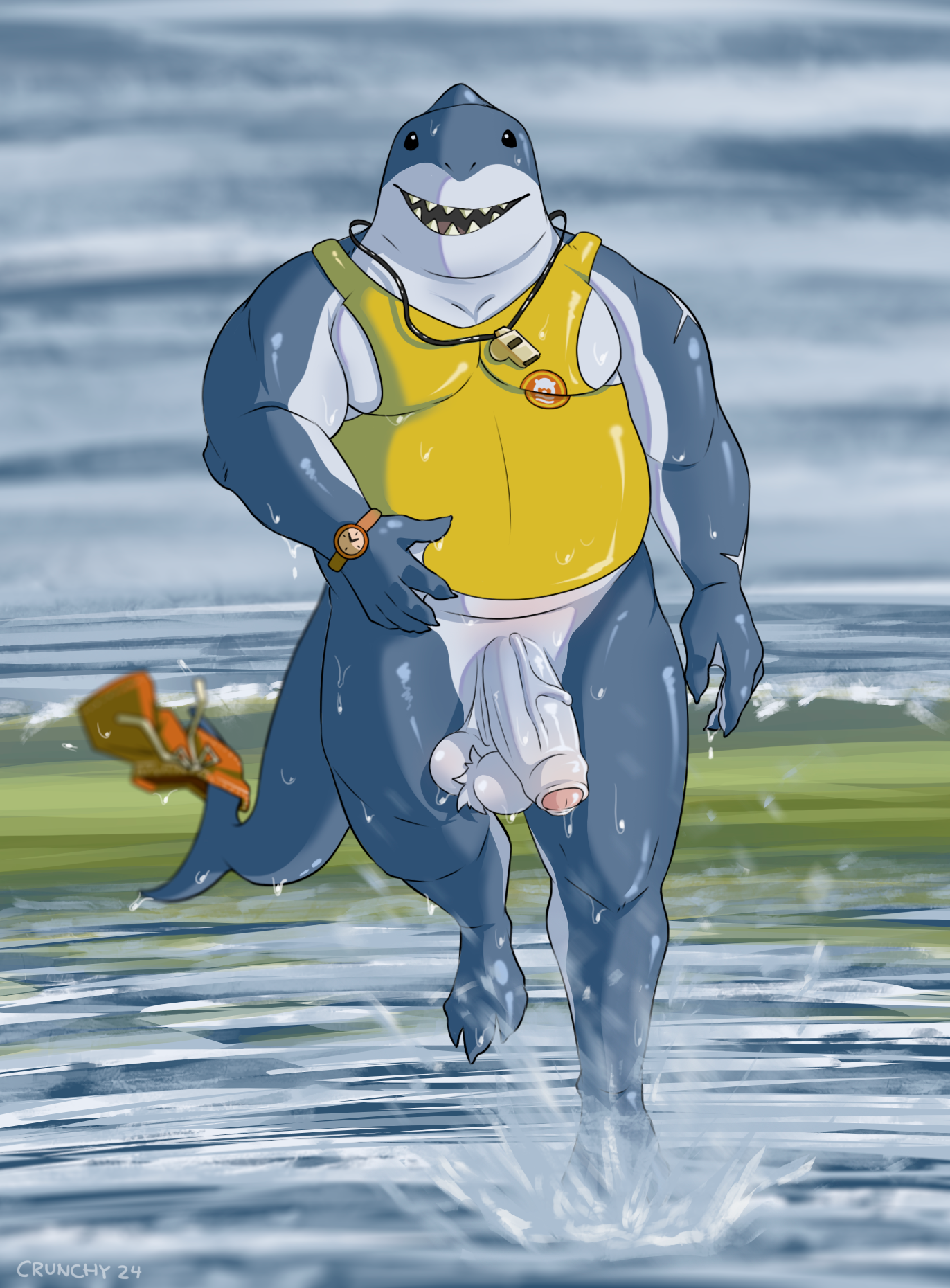 1boy anthro balls balls_tuft belly biceps big_balls big_muscles big_penis bodily_fluids bottomwear bottomwear_down claws clock clothing crunchychip epic_games erection fin fish foreskin fortnite genitals glistening glistening_body hi_res humanoid_genitalia lifeguard male male_only marine markings muscles muscular muscular_anthro muscular_male pecs penis running safety_first_steve saggy_balls sea shark sharp_teeth shirt smile solo solo_focus solo_male sweat sweatdrop tail tank_top teeth topwear tuft uncircumcised vein veiny_penis watch water whistle_(object)