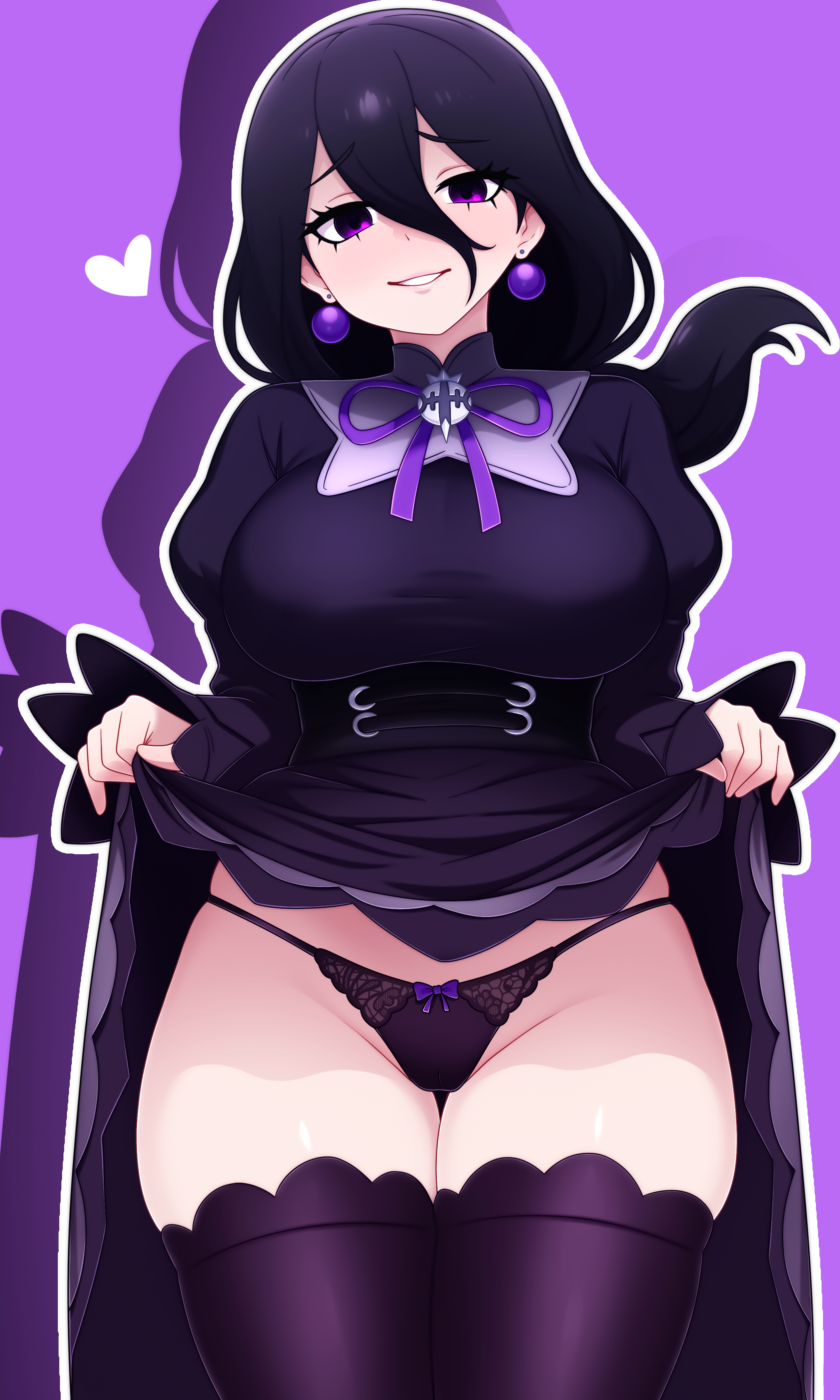 1girls absurdres alternate_breast_size_(larger) black_dress black_hair black_panties bow bow_panties breasts clothes_lift dress dress_lift dullahan_(alekey_art) earrings eyelashes female game_freak grin hair_between_eyes heart hex_maniac hex_maniac_(pokemon) hex_maniac_(z-a) highres jewelry large_breasts lifting_own_clothes long_hair long_sleeves looking_at_viewer mixed-language_commentary neck_ribbon nintendo outline panties pokemon pokemon_legends:_z-a purple_background purple_eyes purple_ribbon raised_inner_eyebrows ribbon smile solo teeth thighhighs underwear