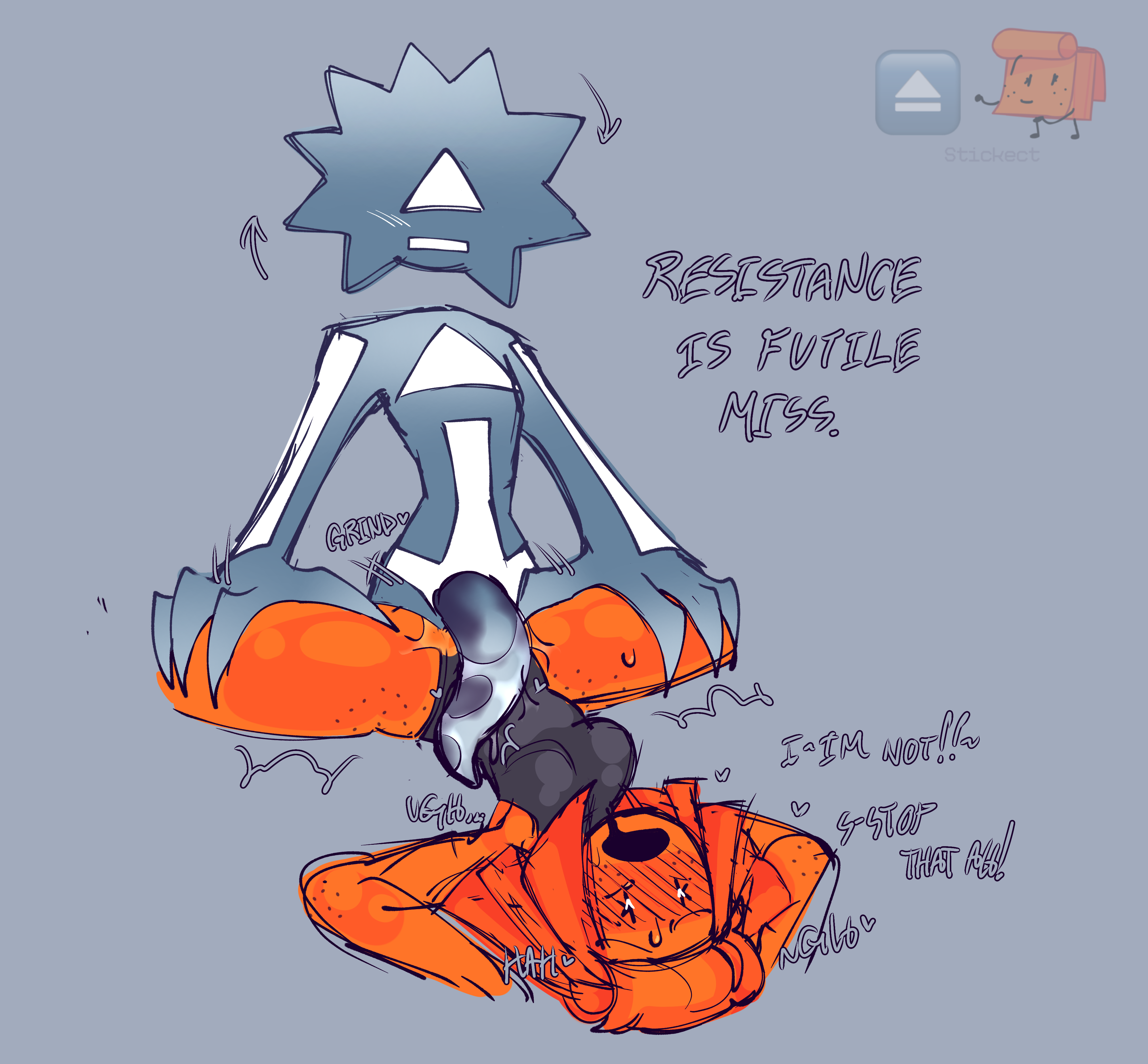 1boy 1girls 2d aged_up animatic_battle bare_arms bare_legs bare_shoulders black_leotard blush blush_lines blushing blushing_female blushing_male blushing_profusely bob_cut body_markings breasts clothed color colored drool drooling duo eject_(animatic_battle) emoji emoji_(race) english english_commentary english_text female floating_head flushed flushed_face freckles freckles_on_face genderless gijinka gradient gradient_body gradient_hair gradient_skin grey_background grey_body grey_hair grey_skin grinding grinding_through_clothes humanized humanoid image legs_apart legs_held_open leotard male medium_breasts moaning monochrome_background motion_lines non-consensual non-human non-human_penis non-humanoid_penis object_head object_show object_shows onomatopoeia orange_body orange_hair orange_skin penis personification plain_background pussy red_face resisting rough_sketch short_hair sketch sketch_lines spasms spread_legs sticky_(animatic_battle) sweat sweatdrop tentabulge tentacle_penis theredmist9 trying_to_resist twitch_lines twitching wet_penis wet_pussy white_markings