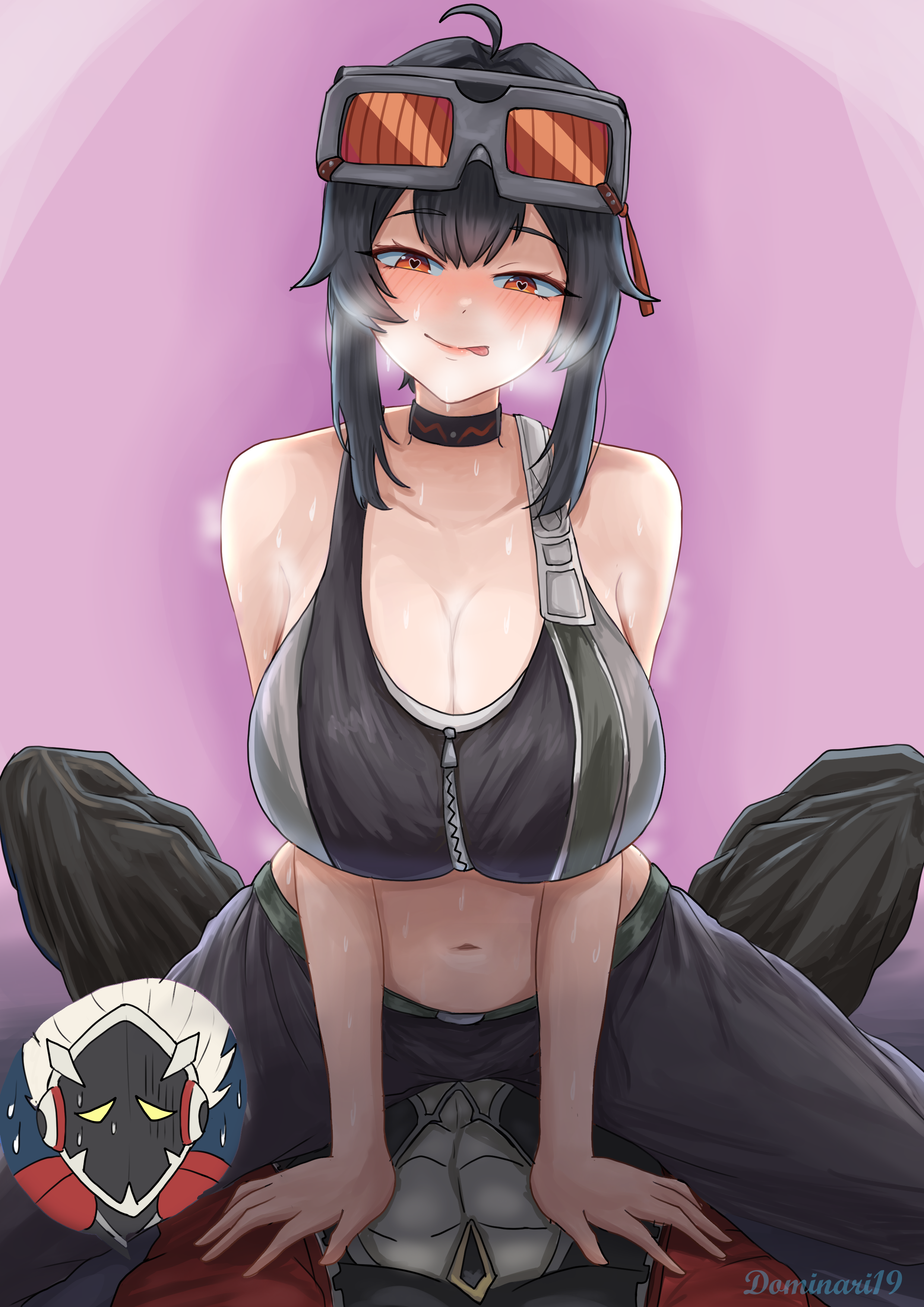 1boy 1girls bedroom_eyes big_breasts billy_kid_(zenless_zone_zero) black_hair blush breasts collar cowgirl_position dominant_female female female_on_top goggles_on_head grace_howard heart-shaped_pupils highres hoyoverse imminent_sex licking_lips light-skinned_female light_skin looking_at_another male midriff naughty_face on_top pale-skinned_female pale_skin robot steamy_breath sweat sweating tongue tongue_out zenless_zone_zero zipper