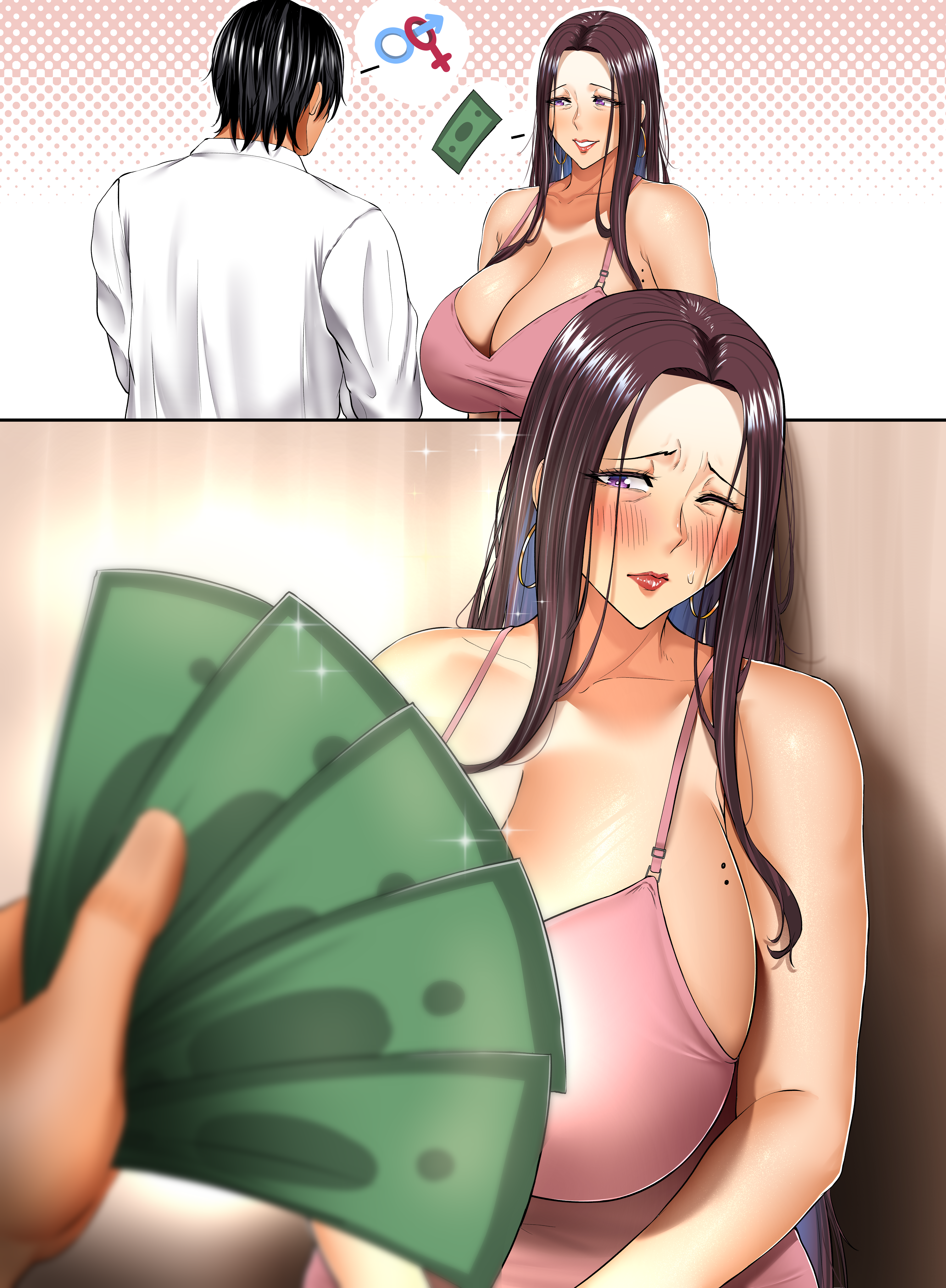 1boy 1boy1girl 1girls beer_(n0n_001) black_hair breasts cleavage clothed clothing dress earrings female huge_breasts long_hair male male/female mature mature_woman milf mole money n0n_001 one_eye_closed original purple_hair sex_request