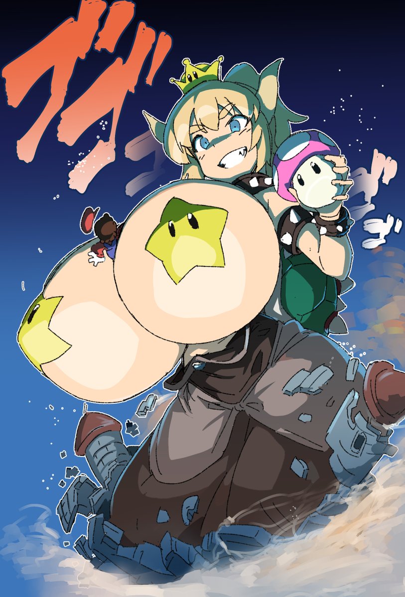bowsette, super mario bros., big breasts, blonde hair, blue eyes, female, genderswap, huge breasts, super crown, super mushroom, 