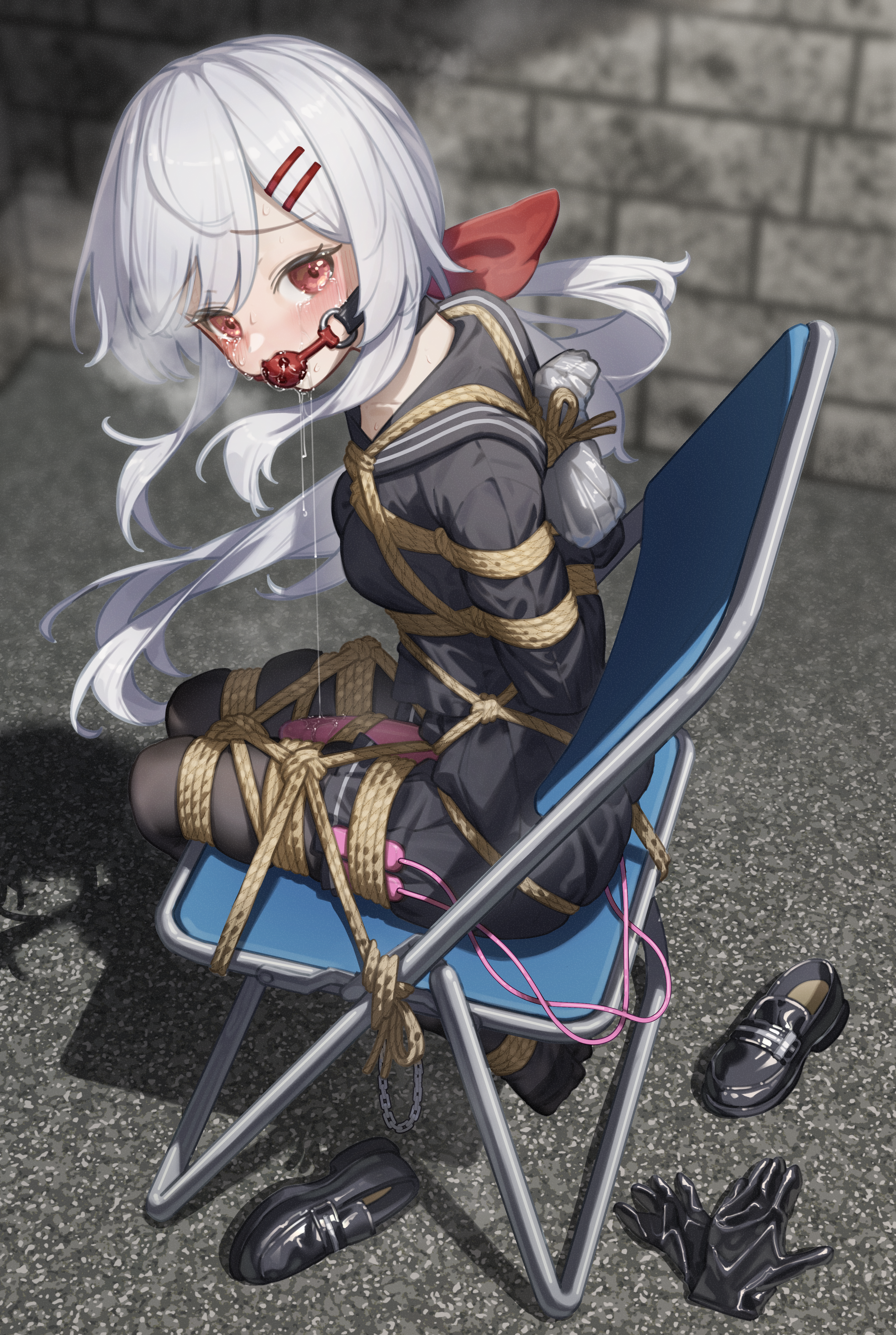 original, absurdres, highres, arms behind back, ball gag, black footwear, black gloves, black pantyhose, bondage, bound, breasts, chains, chair, gag, gagged, gloves, hair ribbon, immobilization, long hair, looking at viewer, michi (philroad), on chair, pantyhose, peril, red eyes, ribbon, sailor, sailor collar, saliva, school uniform, shibari over clothes, shoes, sitting, small breasts, white hair, 
