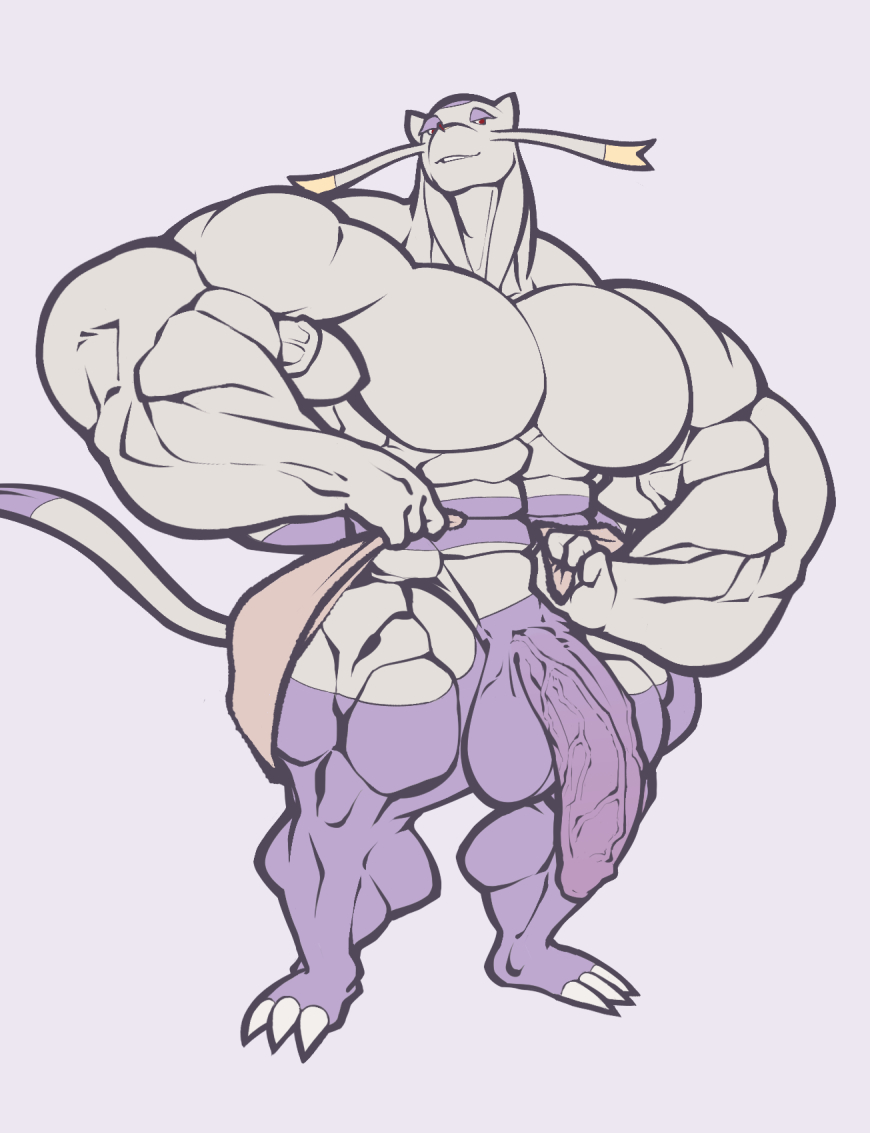 ripped-saurian, mienshao, nintendo, purple background, 1boy, abs, claws, erection, feet, flaccid, foreskin, furry, half-closed eyes, huge cock, huge testicles, hyper muscles, looking at viewer, male, male only, muscular, no nipples, nude, penis, pokemon, purple fur, red eyes, smile, solo, standing, tail, testicles, thick thighs, towel, veins, veiny penis, whiskers, white fur, 
