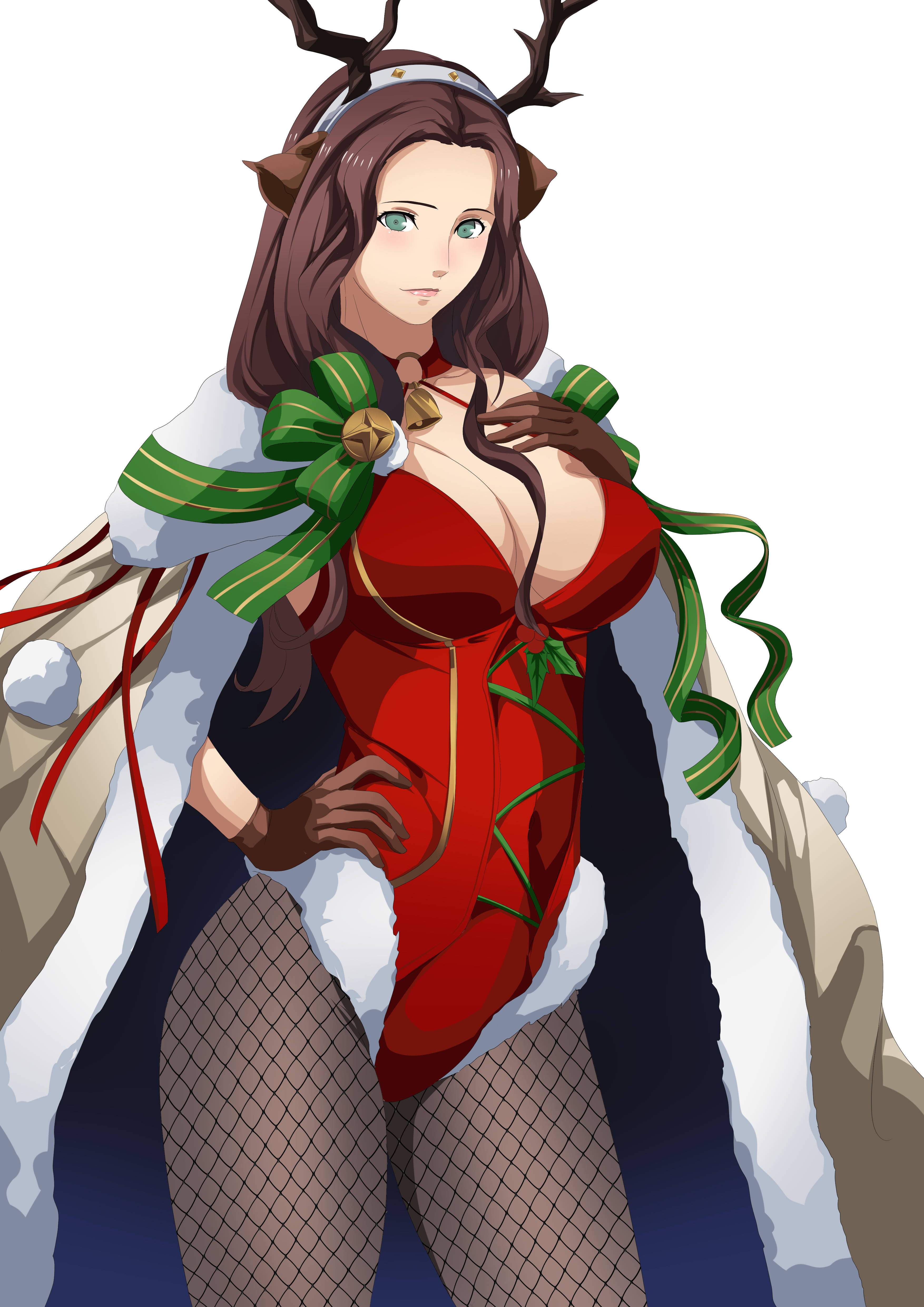 dorothea arnault, christmas, fire emblem, fire emblem: three houses, fire emblem heroes, nintendo, commission, 1girls, alternate costume, breasts, cleavage, commissioner upload, cosplay, excaliblader, female, female only, fishnet legwear, fishnets, manuela casagranda (cosplay), solo, 