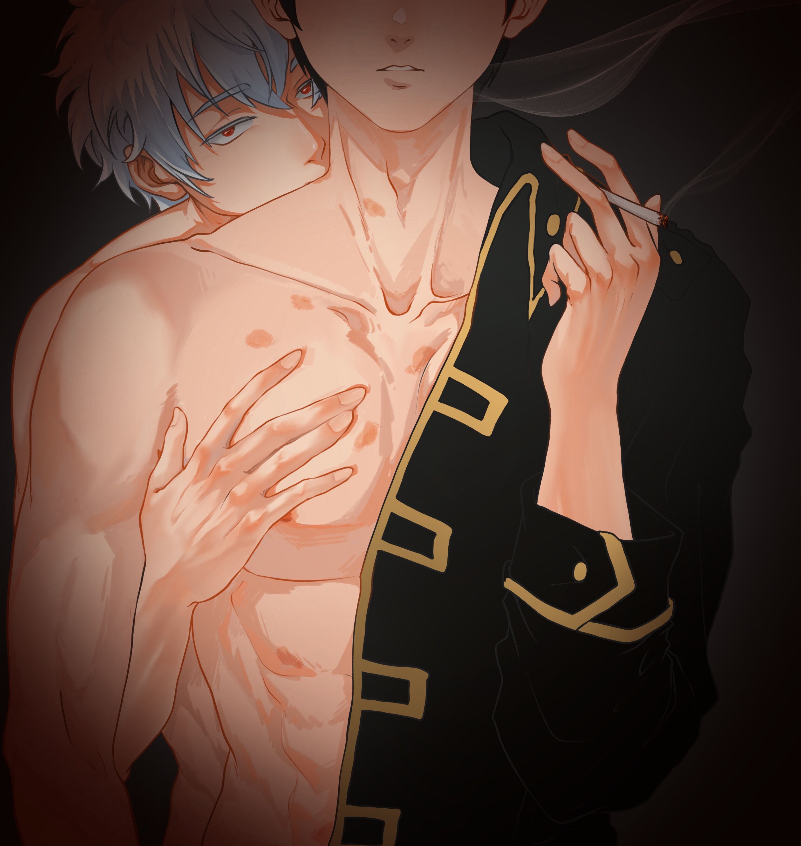 gintoki sakata, toshiro <b>hijikata</b>, <b>gintama</b>, 2boys, cigarette, from behind, g...