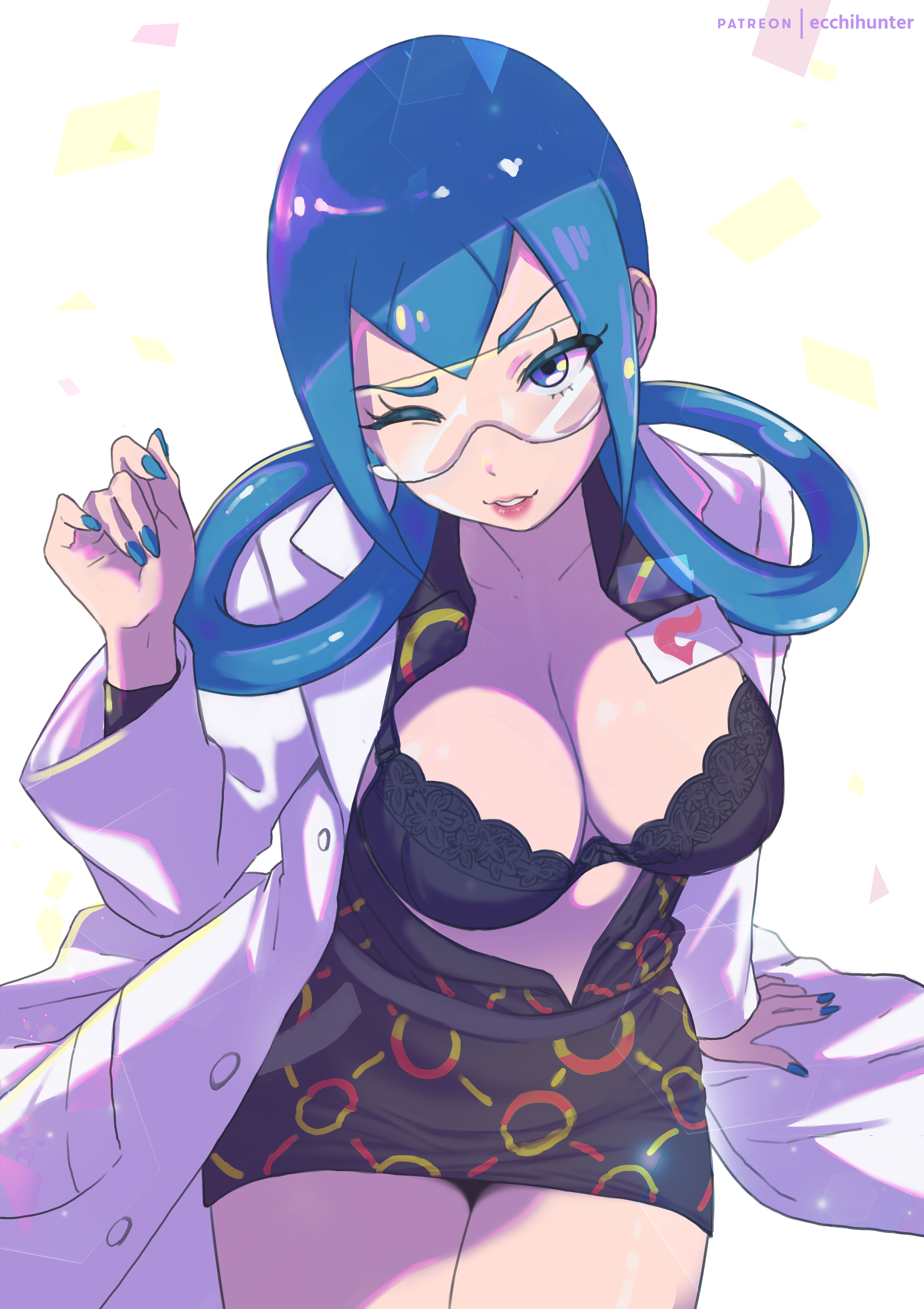 1girls big_breasts black_dress blue_eyes blue_hair blue_nail_polish blue_nails breasts cleavage coat dress eiko_(ecchihunter) eyewear female female_only game_freak hair labcoat lace lace-trimmed_bra lace_trim lingerie lips mable_(pokemon) mable_(pokemon_legends:_z-a) nail_polish nails one_eye_closed open_dress pokemon pokemon_legends:_z-a solo solo_female white_coat wink