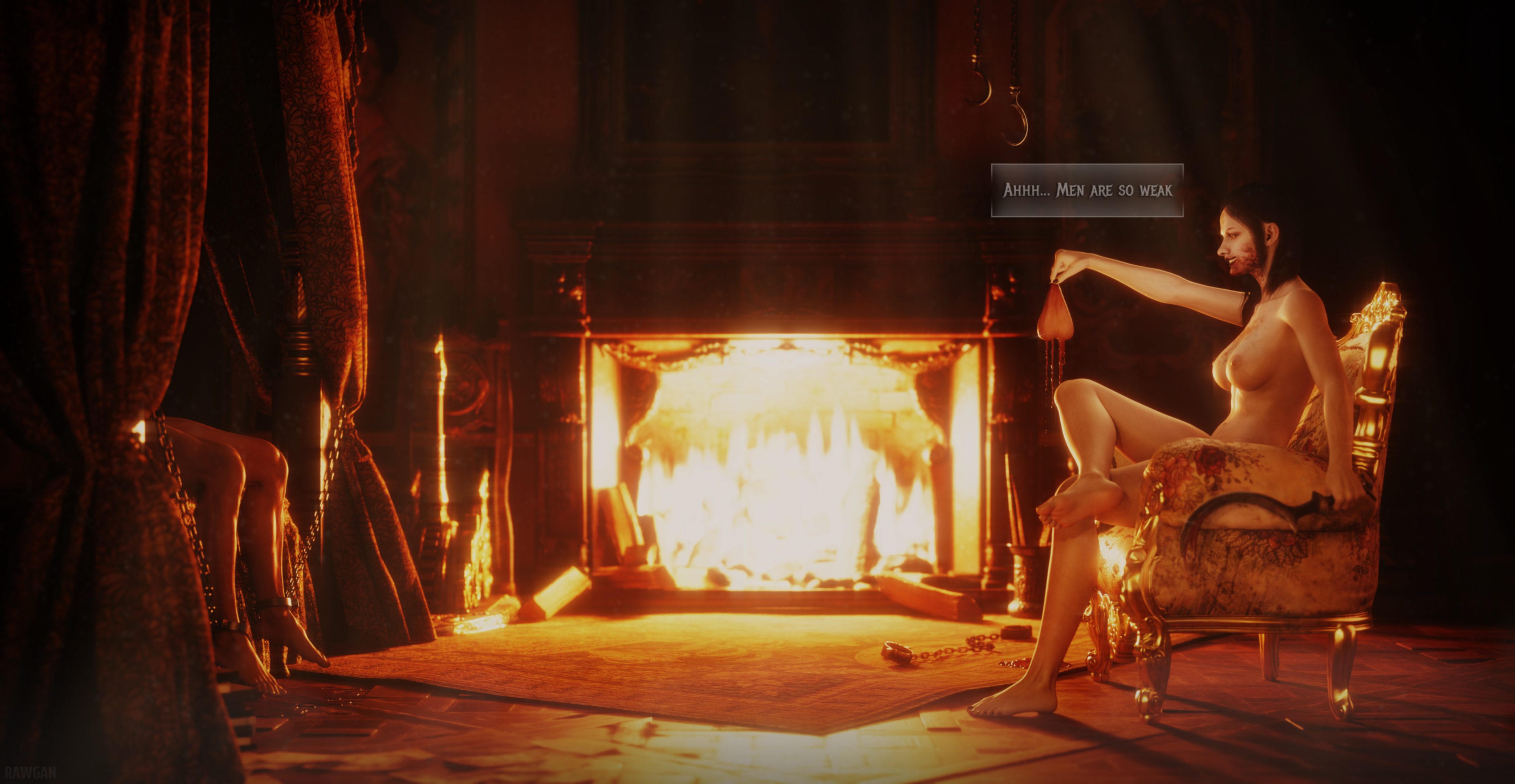 resident evil, 3d, 3d (artwork), speech bubble, text, text bubble, ballbusting, bed, bedroom, big ass, big breasts, big butt, big thighs, black hair, black nail polish, black nails, black toenails, blade, blood on face, cassandra (resident evil), castle, castration, cbt, chains, chair, cock and ball torture, cock and balls torture, cuffs, dominant female, domination, female, fire, fireplace, gold (metal), holding, holding balls, holding object, holding weapon, human, humanoid, looking at another, lying, male, muscular, muscular male, nail polish, nipples, pain, rawgan, resident evil 8: village, restrained, sadism, sadistic, sickle, sitting, slim, slim waist, smile, smiling, speech, submissive male, tattoo, tattoos, text box, video game character, video games, white body, white skin, yellow eyes, 