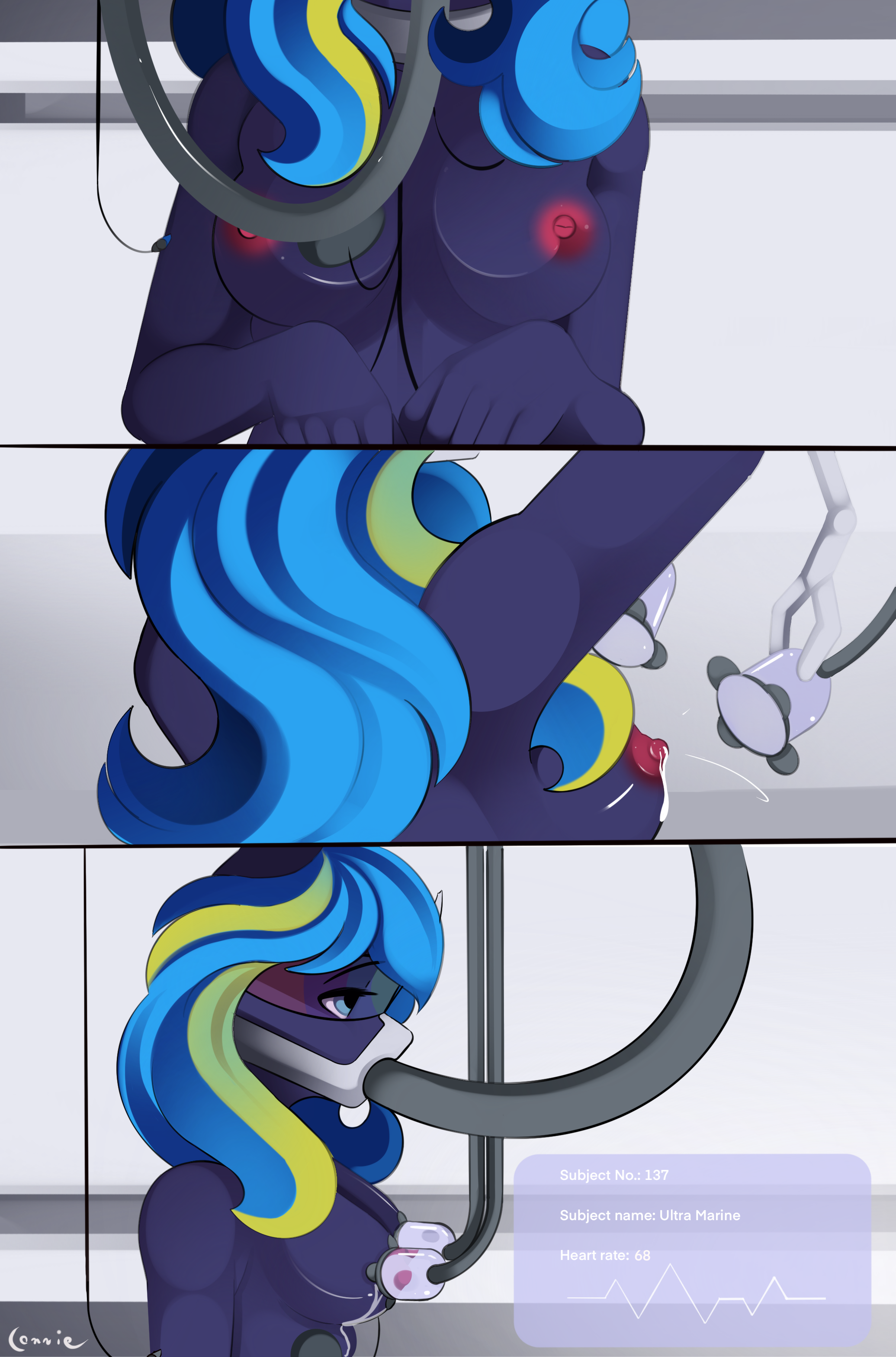 conrie, absurd res, comic, hi res, science fiction, story in description, anthro, bodily fluids, brainwashing, breast milking, breasts, collar, equid, equine, female, hypnosis, laboratory, lactating, machine, mammal, mask, medical play, milking machine, mind control, nude, solo, standing, story, submissive, submissive female, 