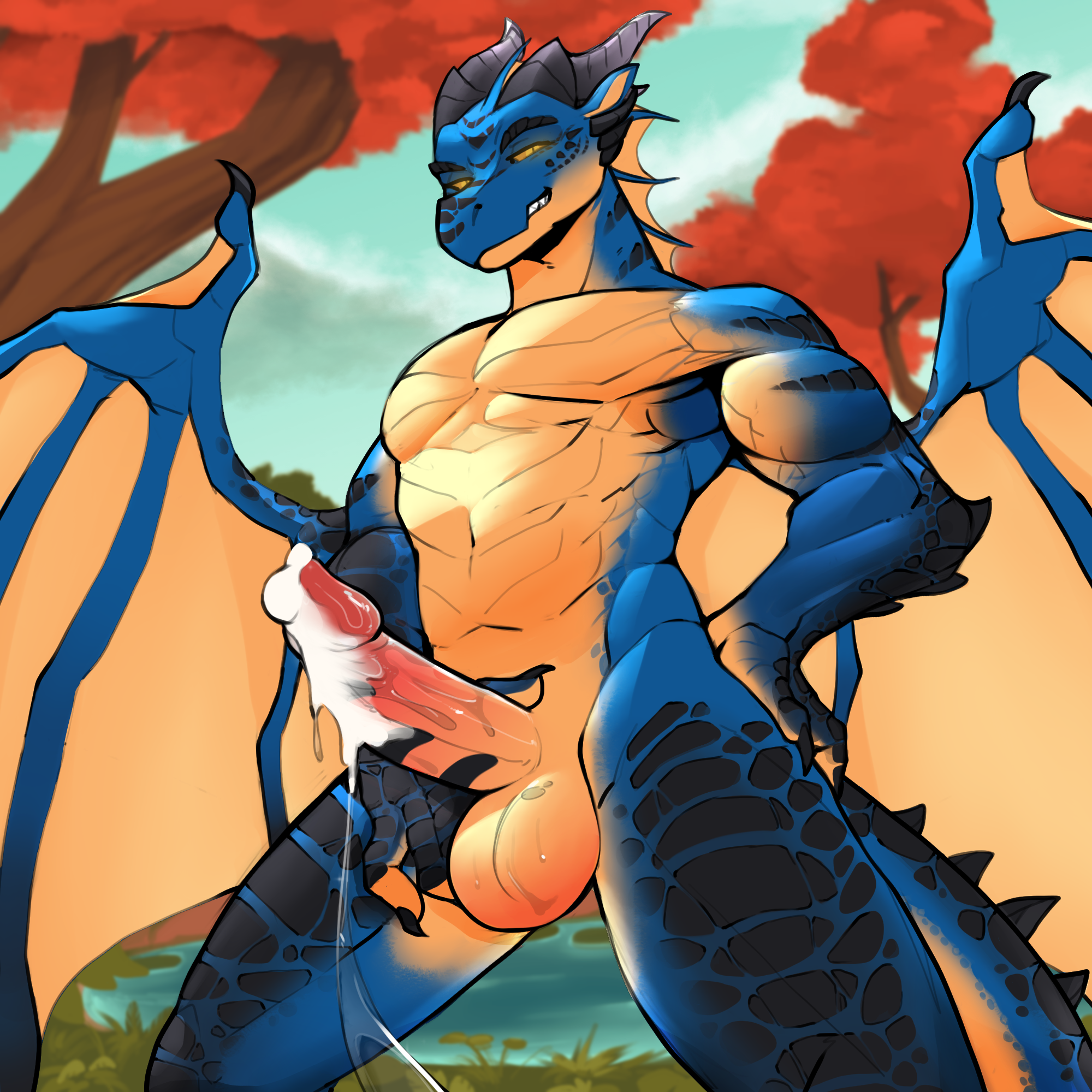 blizzard entertainment, mythology, warcraft, hi res, anthro, arm spikes, balls, black markings, blue body, bodily fluids, cheek spikes, cum, cum drip, cum on penis, dracthyr, dragon, dripping, erection, european mythology, facial spikes, genital fluids, genital markings, genitals, horn, male, markings, mythological creature, mythological scalie, nude, orange eyes, penis, penis markings, saliva, saliva drip, saliva on penis, scale markings, scales, scalie, solo, spiked tail, spikes, spikes (anatomy), tail, tan body, tohaakart, western dragon, wings, zeranthal, 