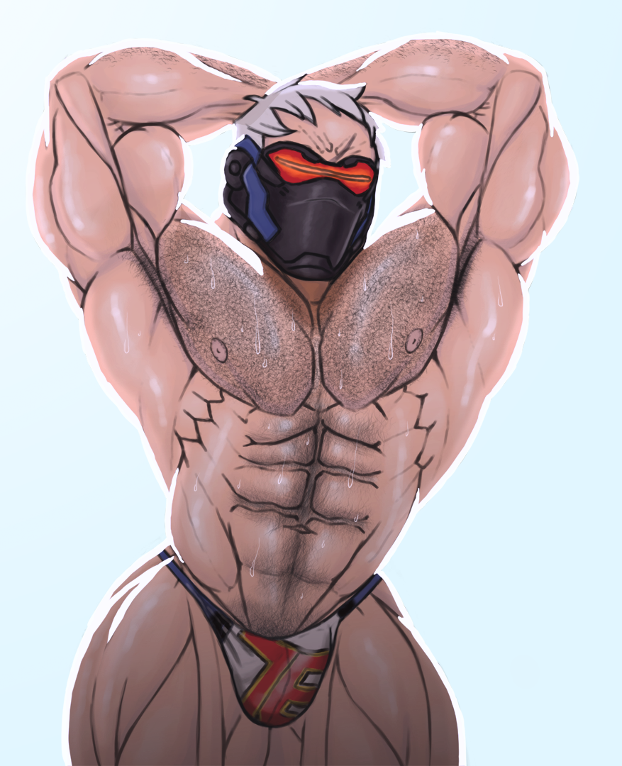 soldier 76, blizzard entertainment, overwatch, abs, bara, body hair, bulge, hair, human, looking at viewer, male, male only, mask, muscle, nipples, pecs, silver hair, solo, topless, underwear, visor, yaoi, 