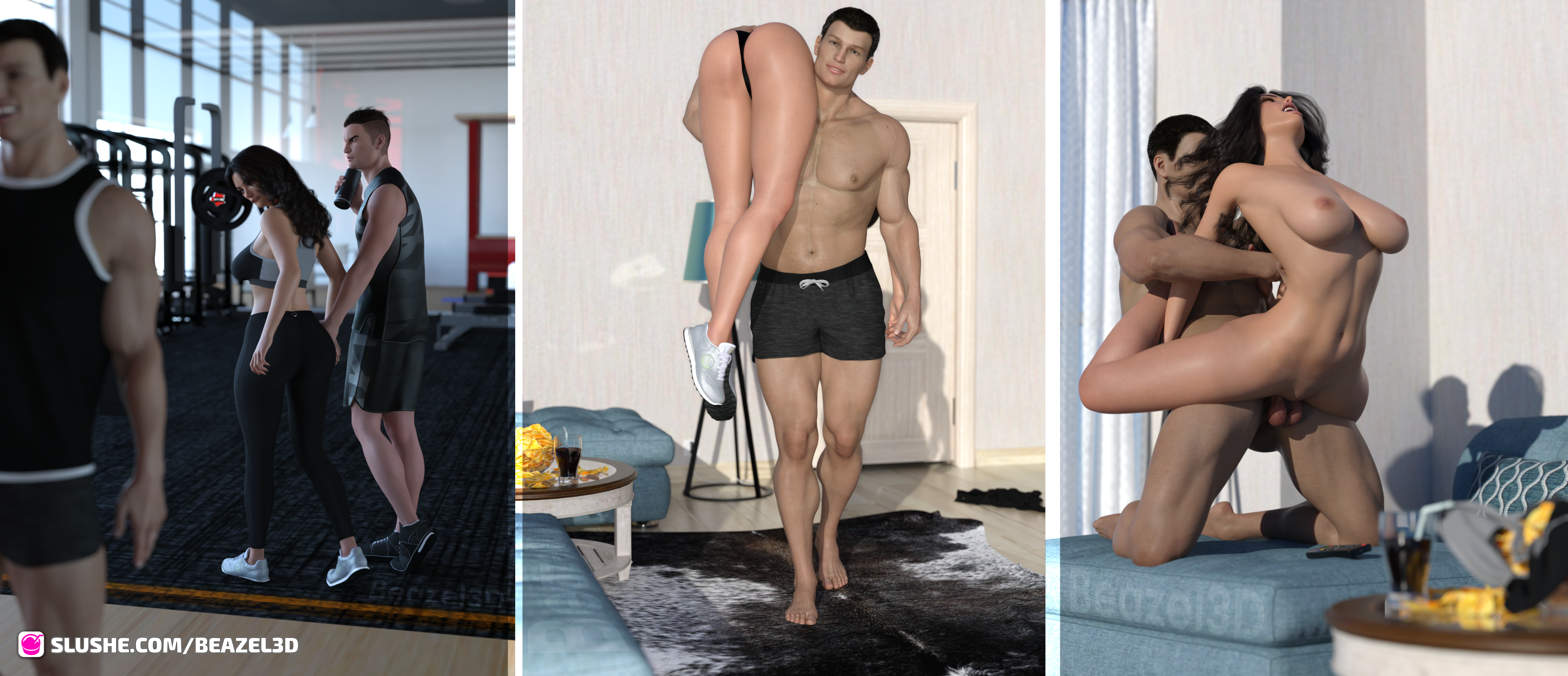 slushe (website), 3d, 1girls, 2boys, beazel3d, black hair, carrying, carrying partner, clothes, clothing, female, female focus, flexible, gym, indoors, large breasts, leg lock, long hair, male, muscular, muscular male, public, standing, straight, vaginal penetration, 