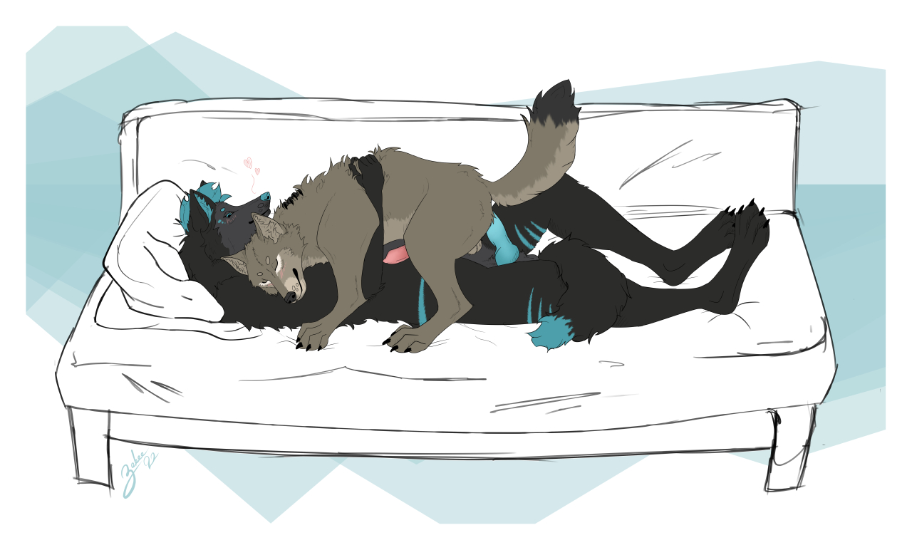 digital media (artwork), simple background, anal, anal sex, anatomically correct, anatomically correct genitalia, anatomically correct penis, animal genitalia, animal penis, anthro, anthro on feral, anthro penetrating, anthro penetrating feral, balls, black body, black fur, black sclera, blush, canid, canine, canis, duo, embrace, erection, feral, feral penetrated, fur, furniture, genitals, grey body, grey fur, hair, hug, intraspecies, knot, male, male/male, male on feral, male penetrated, male penetrating, male penetrating male, mammal, nude, penetration, penis, same-species bestiality, sex, smile, wolf, zekee, zekee (artist), zoophilia, 