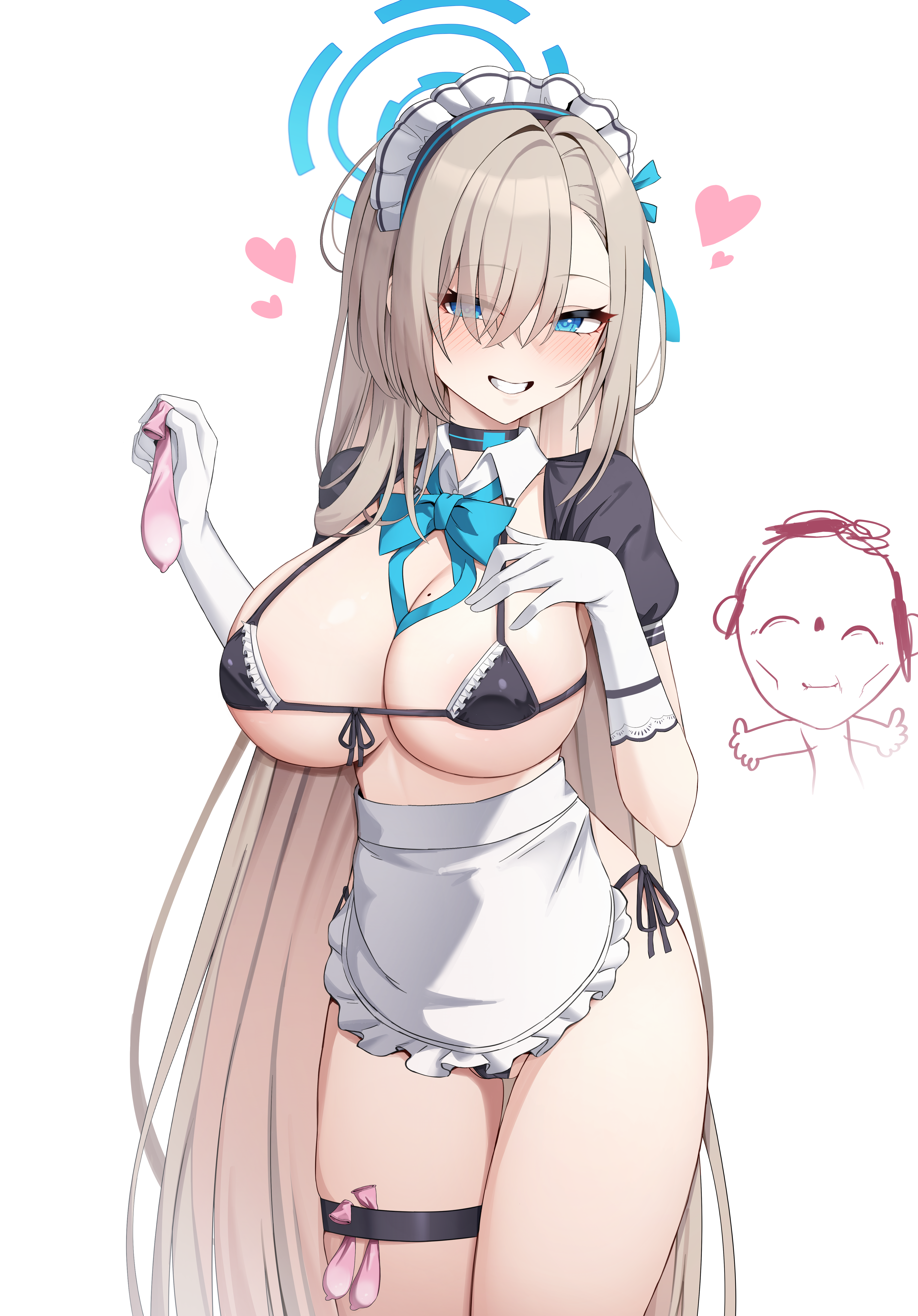 1boy absurdres apron asuna_(blue_archive) bikini black_bikini blonde_hair blue_archive blue_bow blue_bowtie blue_eyes blue_halo blush bow bowtie breasts cameltoe choker cleavage condom detached_collar detached_sleeves doodle_sensei_(blue_archive) female gloves grin hair_over_one_eye halo highres holding holding_condom kisa_(leg3043) large_breasts long_hair looking_at_viewer maid maid_apron maid_bikini maid_headdress mole mole_on_breast puffy_short_sleeves puffy_sleeves sensei_(blue_archive) short_sleeves smile swimsuit thigh_strap thighs unconventional_maid used_condom very_long_hair white_gloves