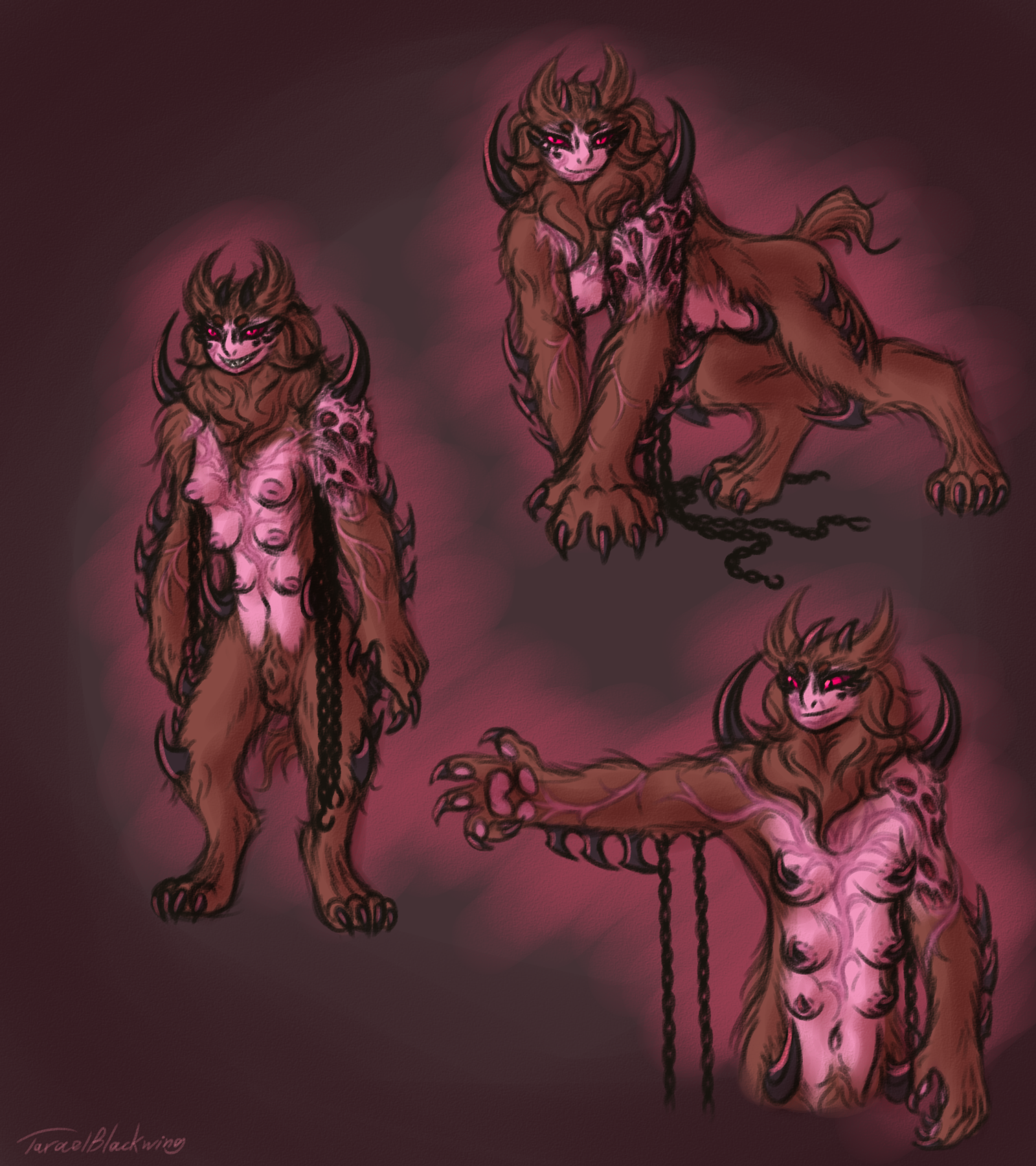 6_breasts all_fours animal_genitalia anthro arm_spikes bedroom_eyes breasts brown_body brown_fur burn_scar chains claws demon digital_media_(artwork) eyelashes facial_scar felid feline feline_demon fur futanari genitals hi_res hook horn intersex long_eyelashes mammal multi_breast narrowed_eyes neck_tuft nipples nude pawpads penis pink_body pink_skin red_eyes scar seductive sheath short_tail shoulder_spikes shrazda_(taraelblackwing) smile solo spiked_breasts spikes spikes_(anatomy) tail taraelblackwing tuft