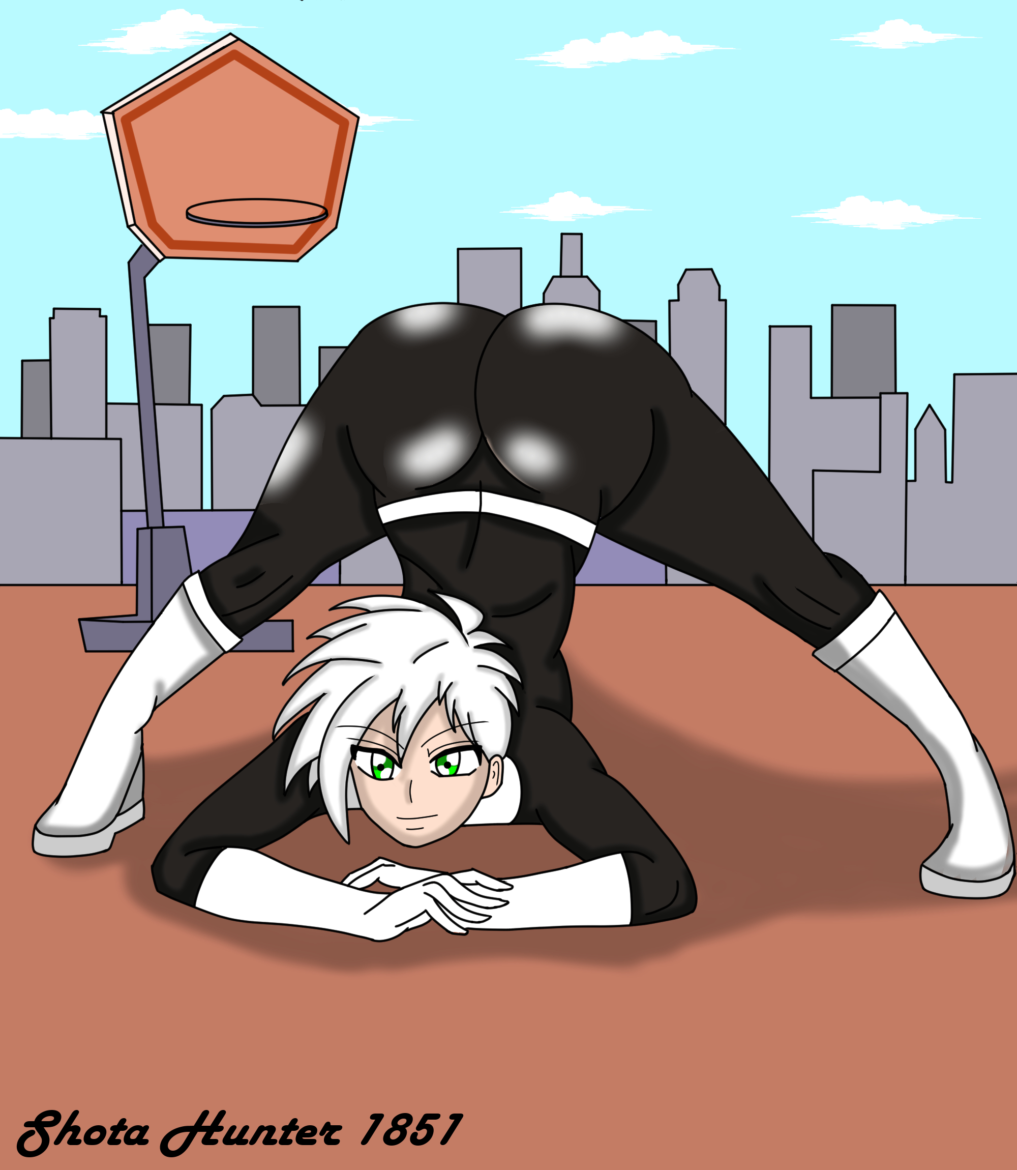 danny fenton, danny phantom, 1boy, androgynous, artist name, bent over, boo...