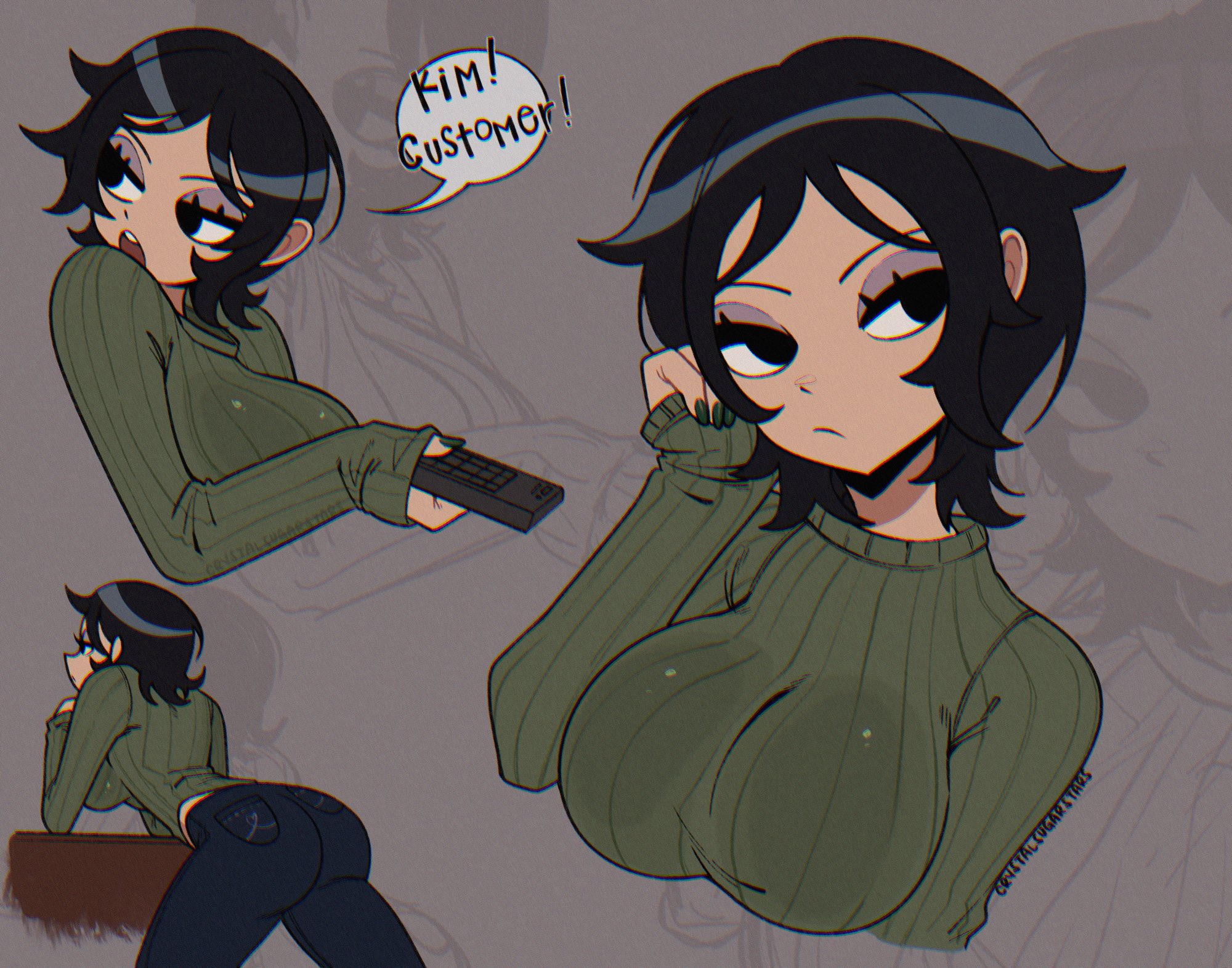 scott pilgrim, english text, tagme, text, 1girls, ass, big ass, big breasts, big butt, black eyes, black hair, breasts, busty, butt, clothed, crystalsugarstars, curves, curvy, curvy body, curvy female, curvy figure, dark eyes, dark hair, engli, fat ass, female, female only, fully clothed, hollie hawkes, huge breasts, large ass, large breasts, large butt, milf, short hair, sweater, thick ass, tight clothes, tight clothing, 